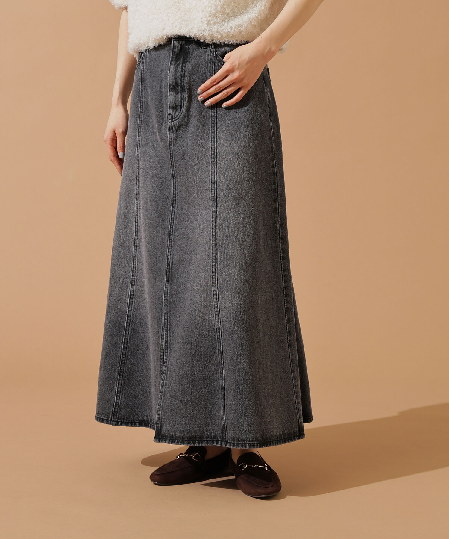  「パネル切替デニムフレアスカート」|スカート|