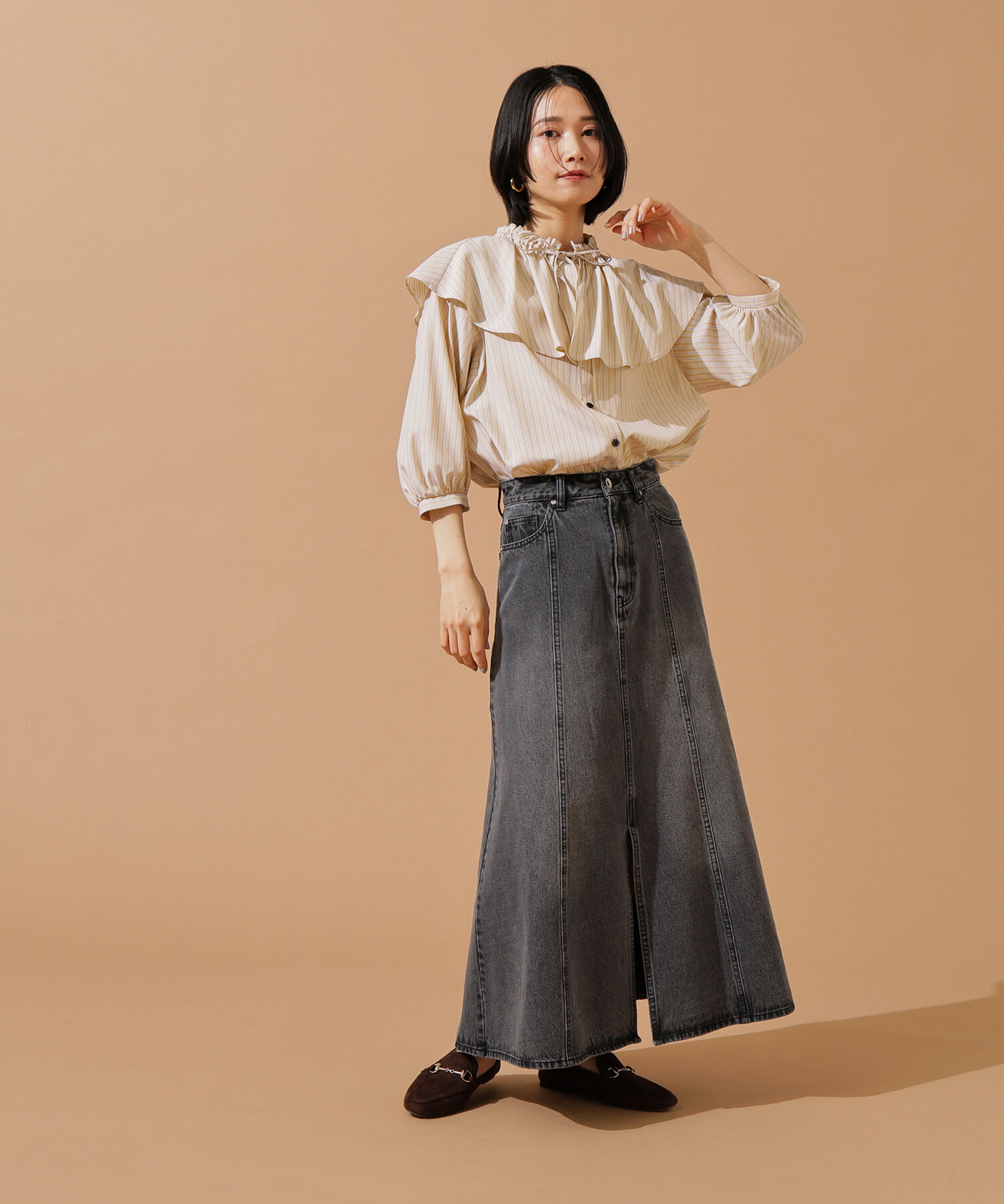  「パネル切替デニムフレアスカート」|スカート|