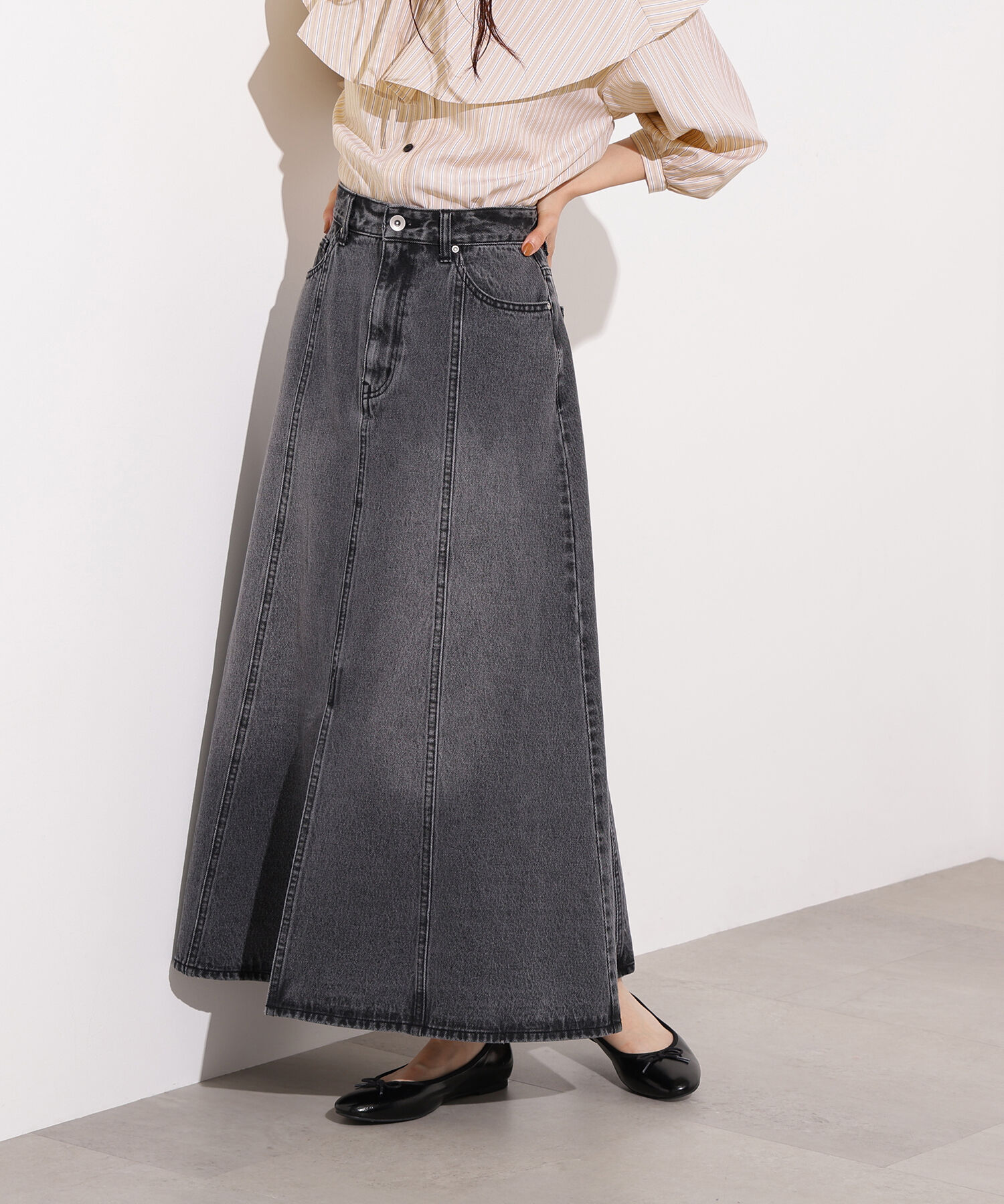  「パネル切替デニムフレアスカート」|スカート|