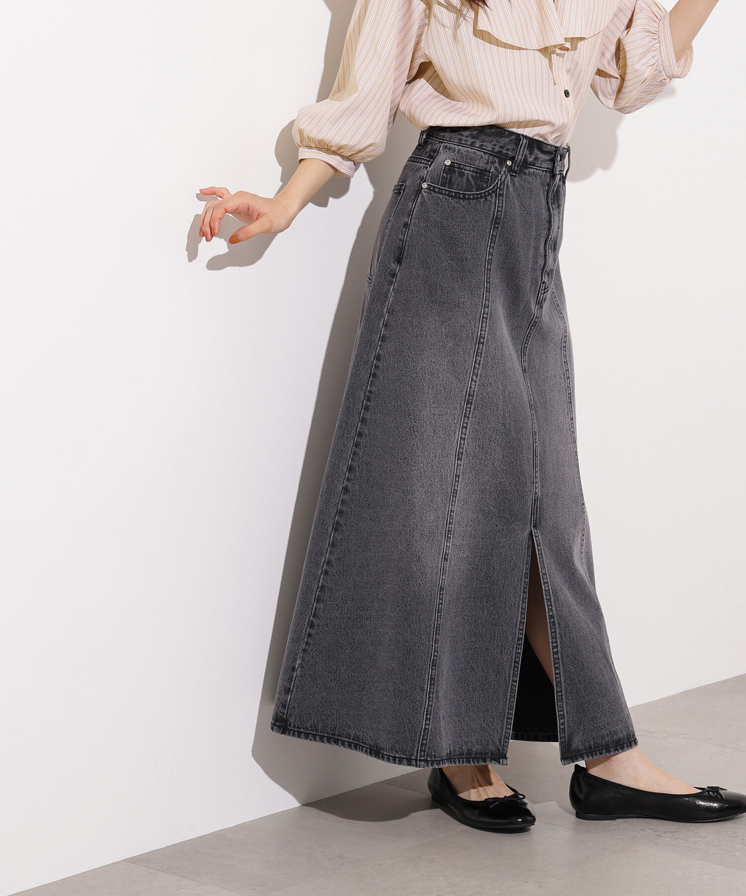  「パネル切替デニムフレアスカート」|スカート|