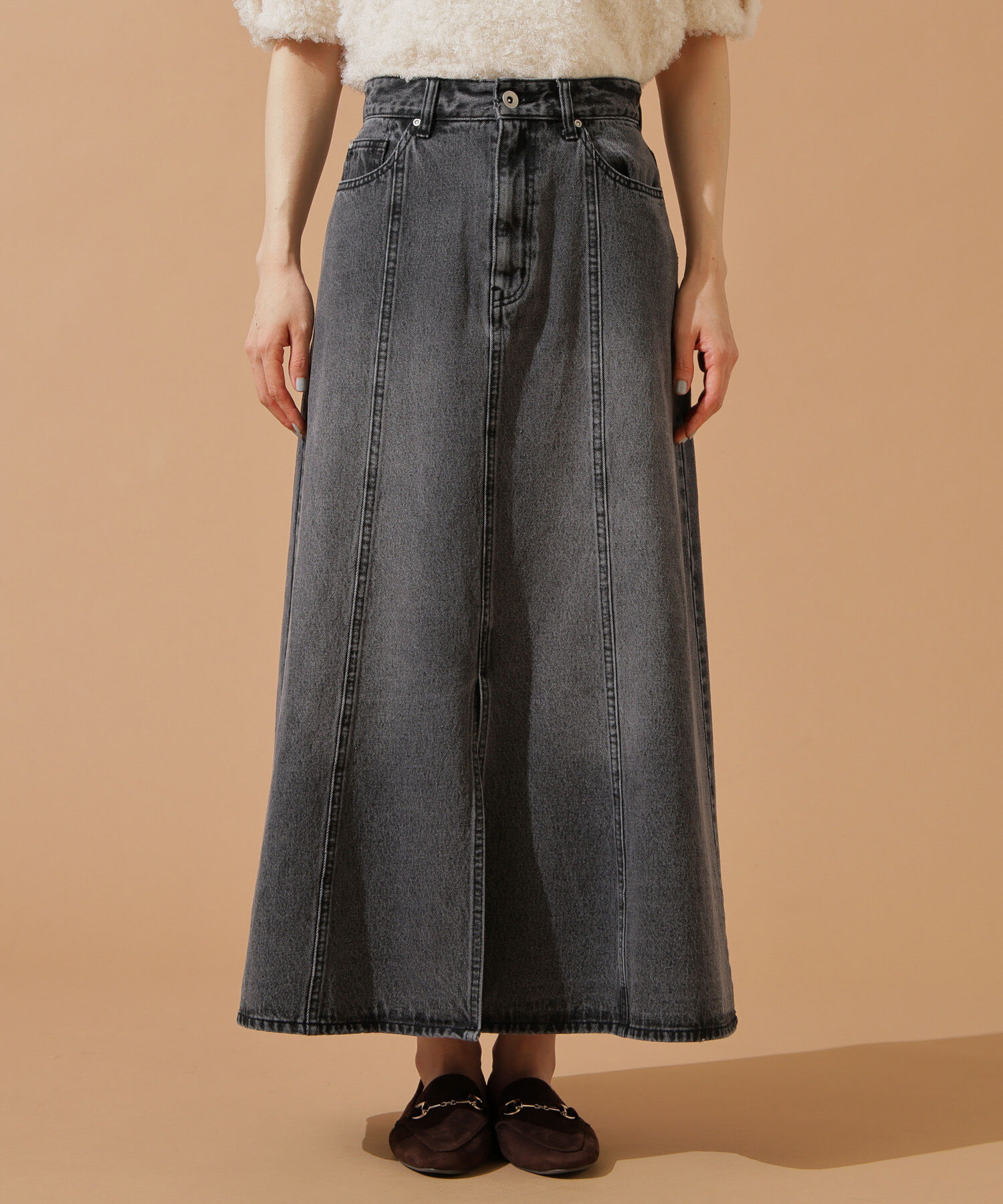  「パネル切替デニムフレアスカート」|スカート|