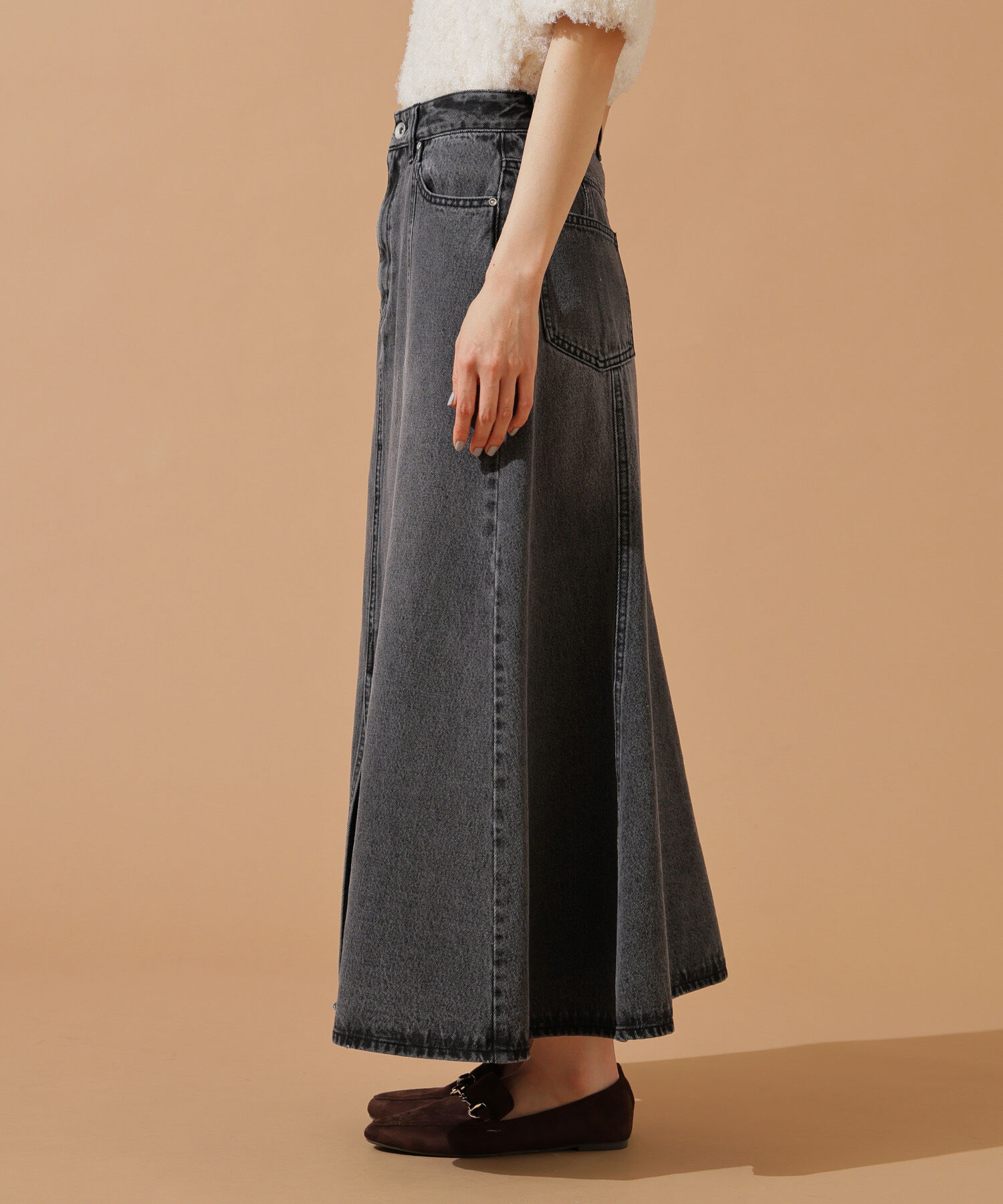  「パネル切替デニムフレアスカート」|スカート|