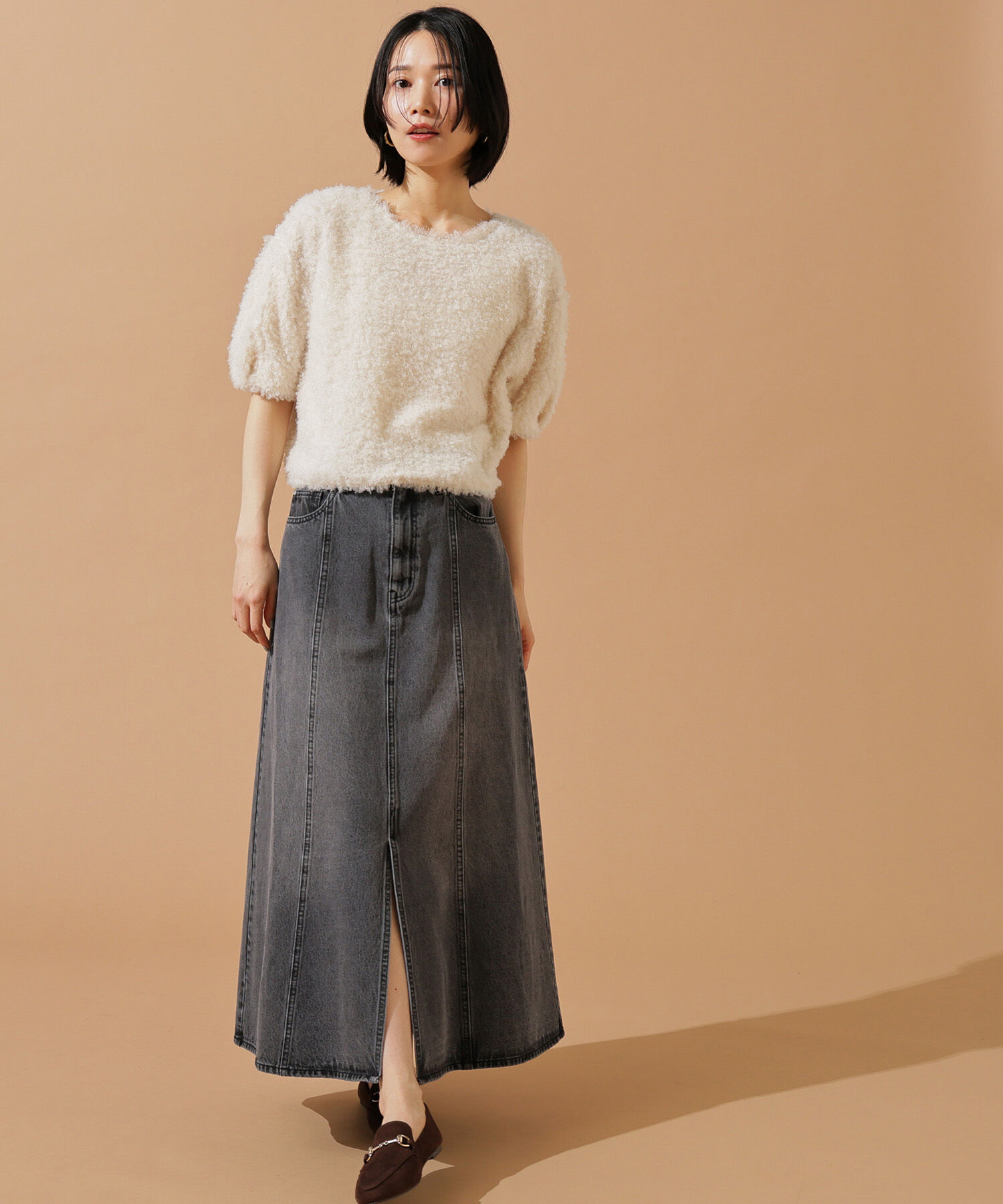  「パネル切替デニムフレアスカート」|スカート|