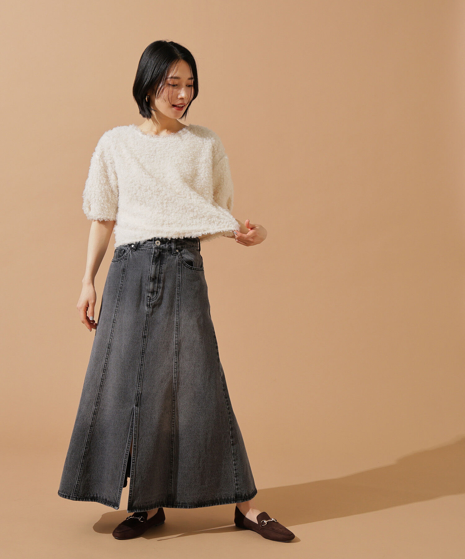  「パネル切替デニムフレアスカート」|スカート|