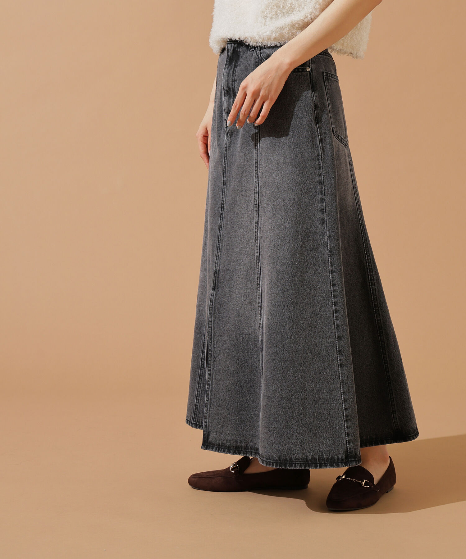  「パネル切替デニムフレアスカート」|スカート|