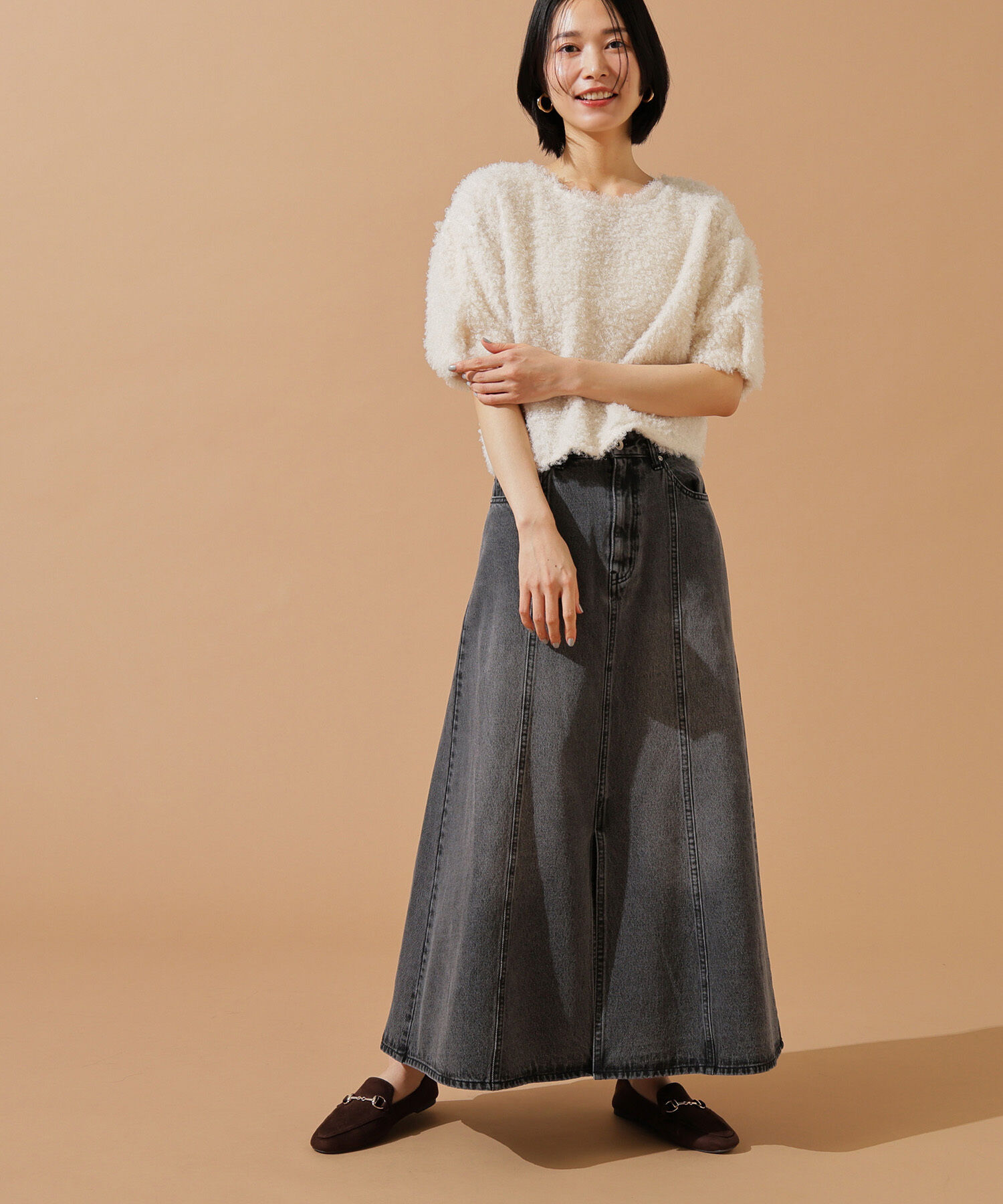  「パネル切替デニムフレアスカート」|スカート|