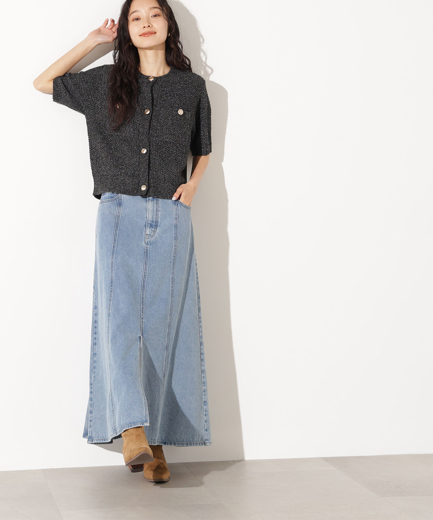  「パネル切替デニムフレアスカート」|スカート|