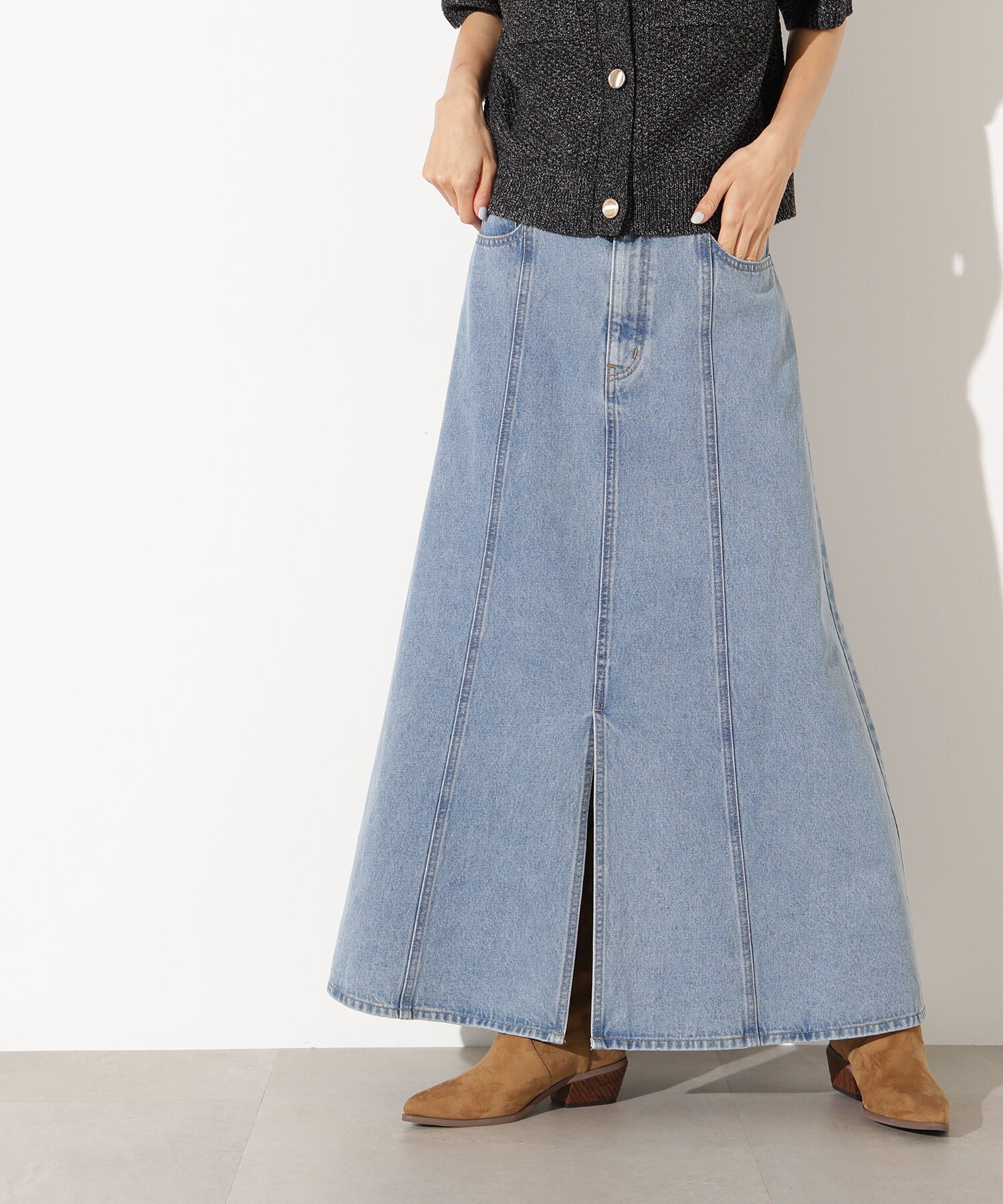  「パネル切替デニムフレアスカート」|スカート|