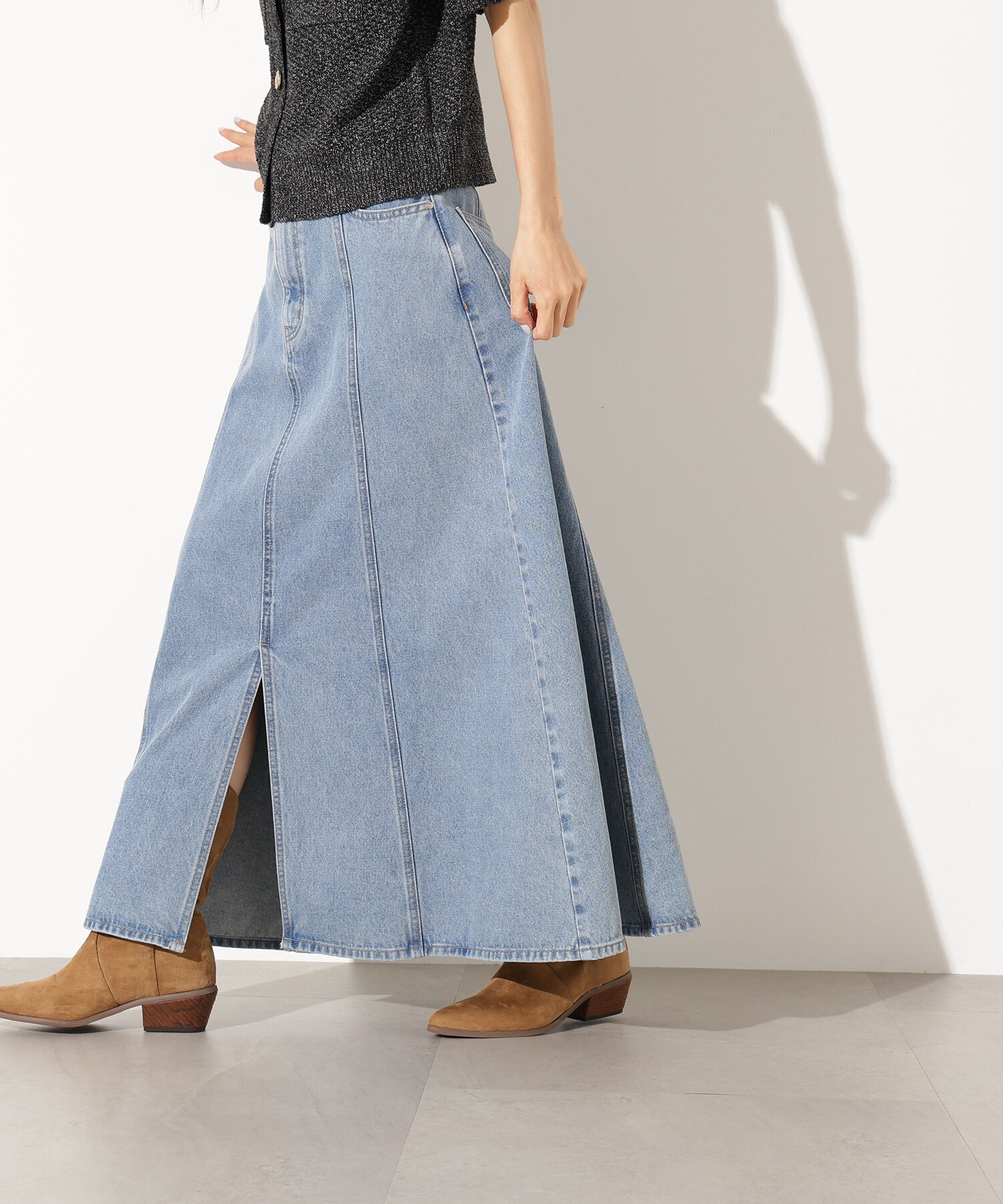  「パネル切替デニムフレアスカート」|スカート|