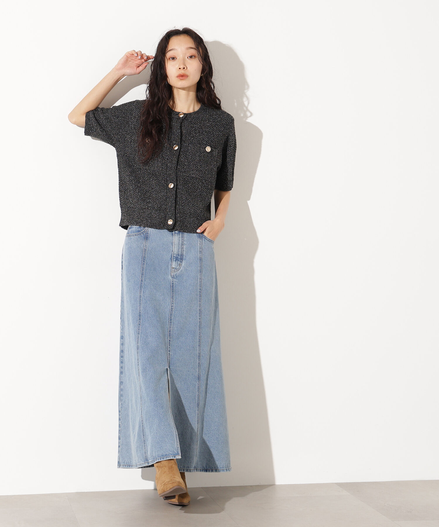  「パネル切替デニムフレアスカート」|スカート|
