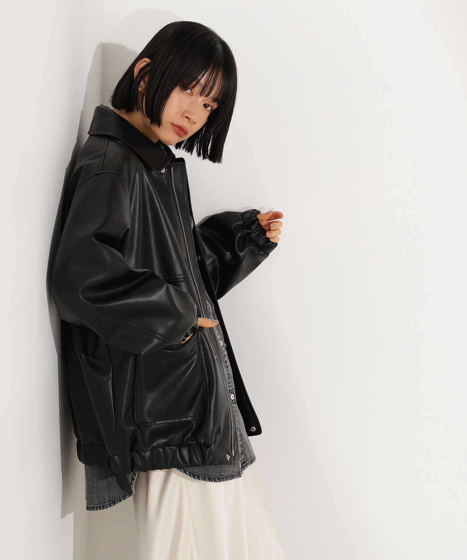  「フェイクレザーステンカラーブルゾン」|ブルゾン・スタジャン|