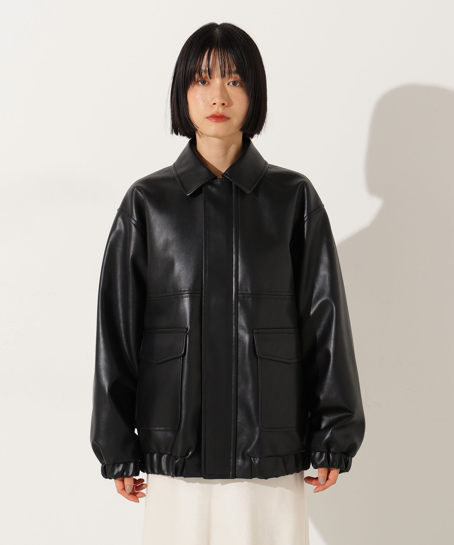  「フェイクレザーステンカラーブルゾン」|ブルゾン・スタジャン|