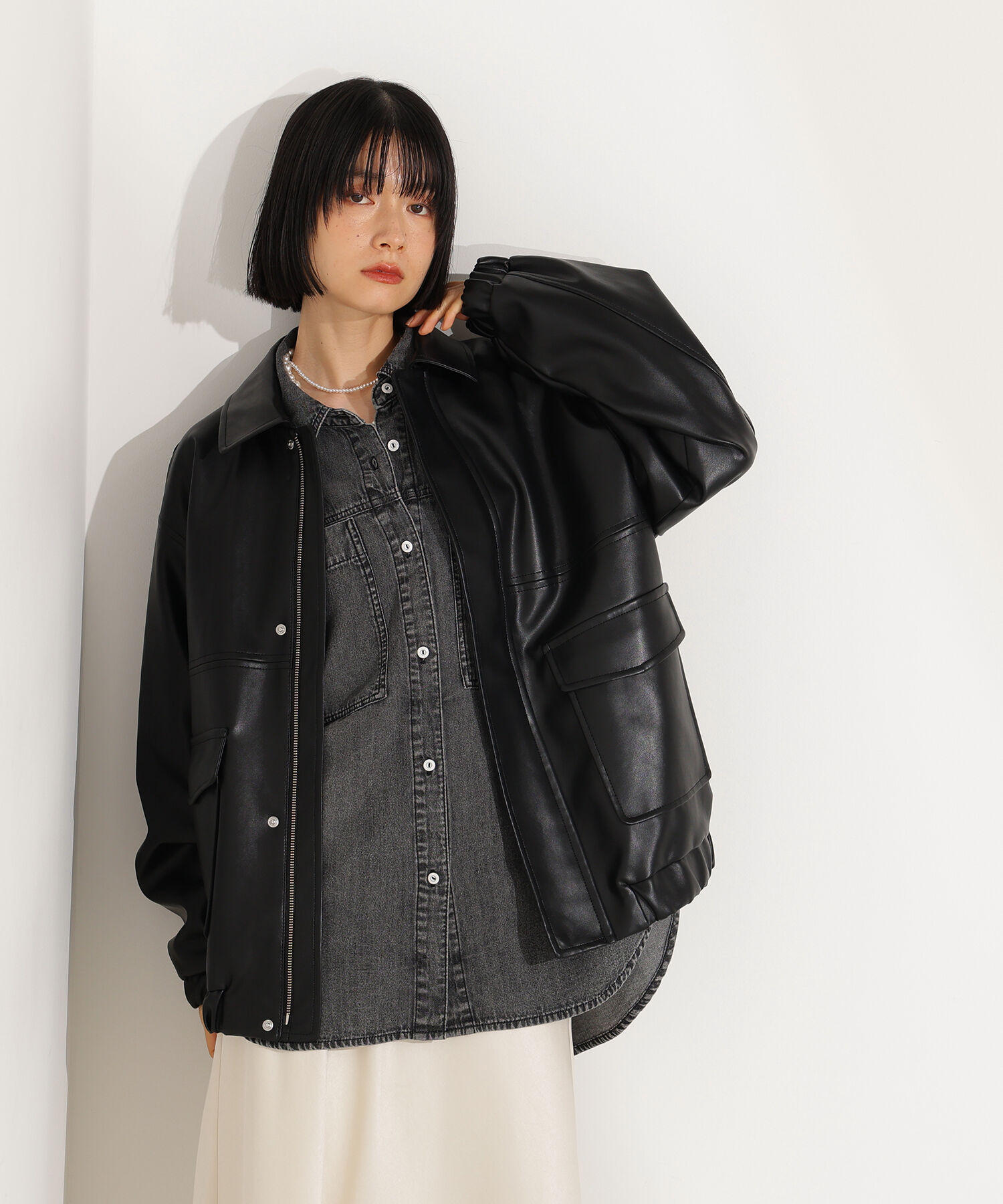  「フェイクレザーステンカラーブルゾン」|ブルゾン・スタジャン|