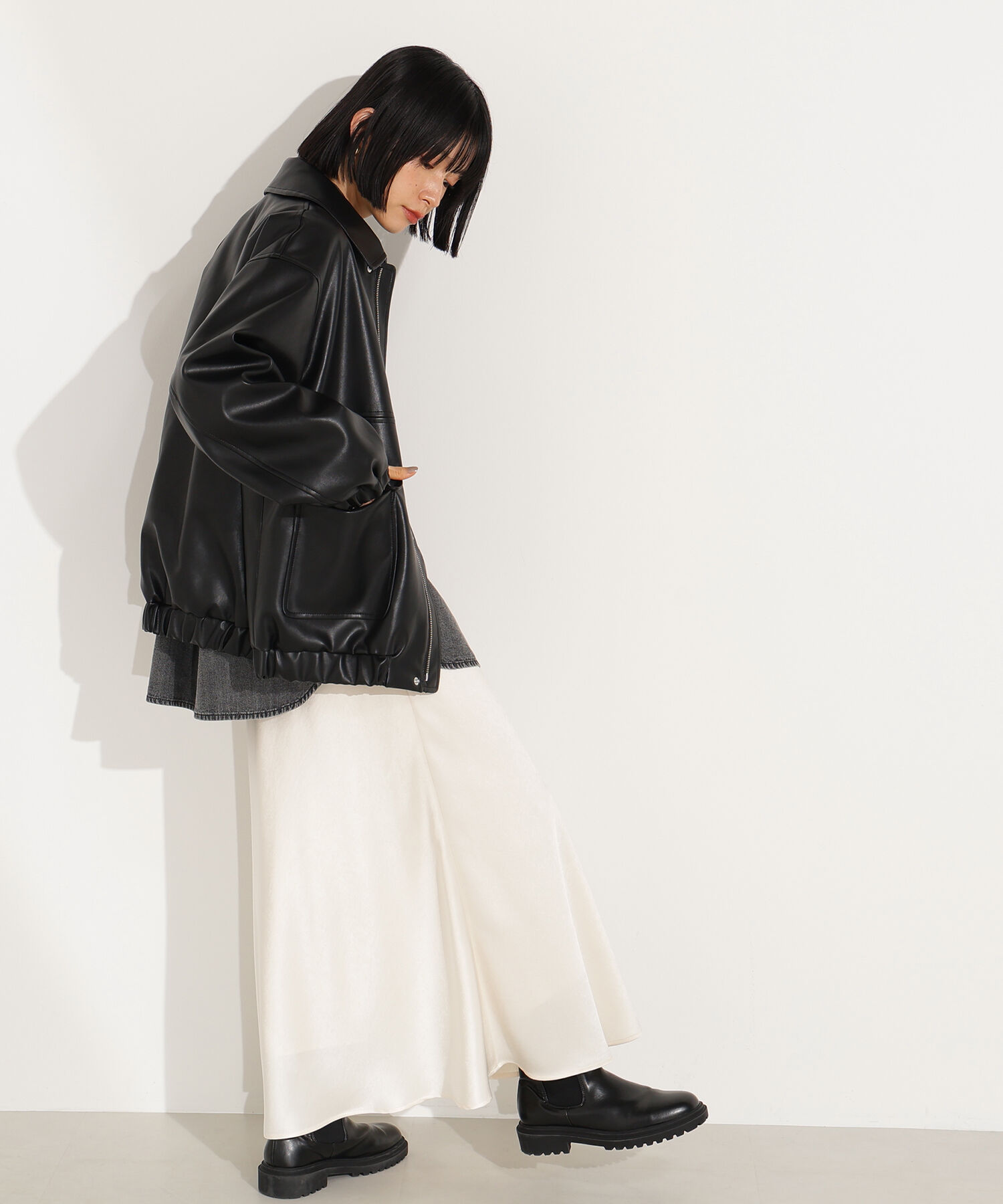  「フェイクレザーステンカラーブルゾン」|ブルゾン・スタジャン|