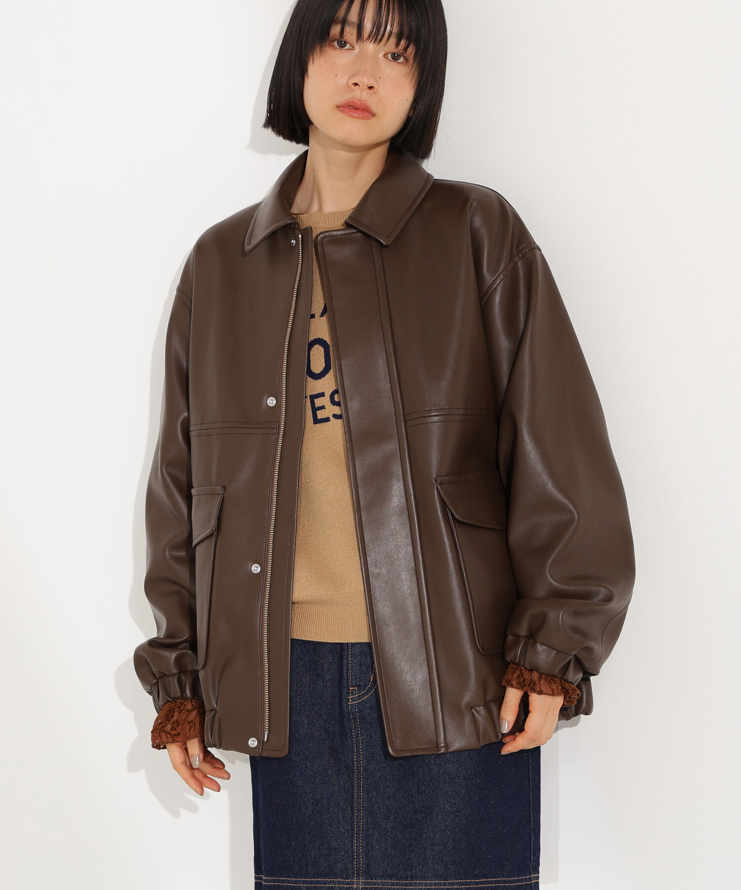  「フェイクレザーステンカラーブルゾン」|ブルゾン・スタジャン|