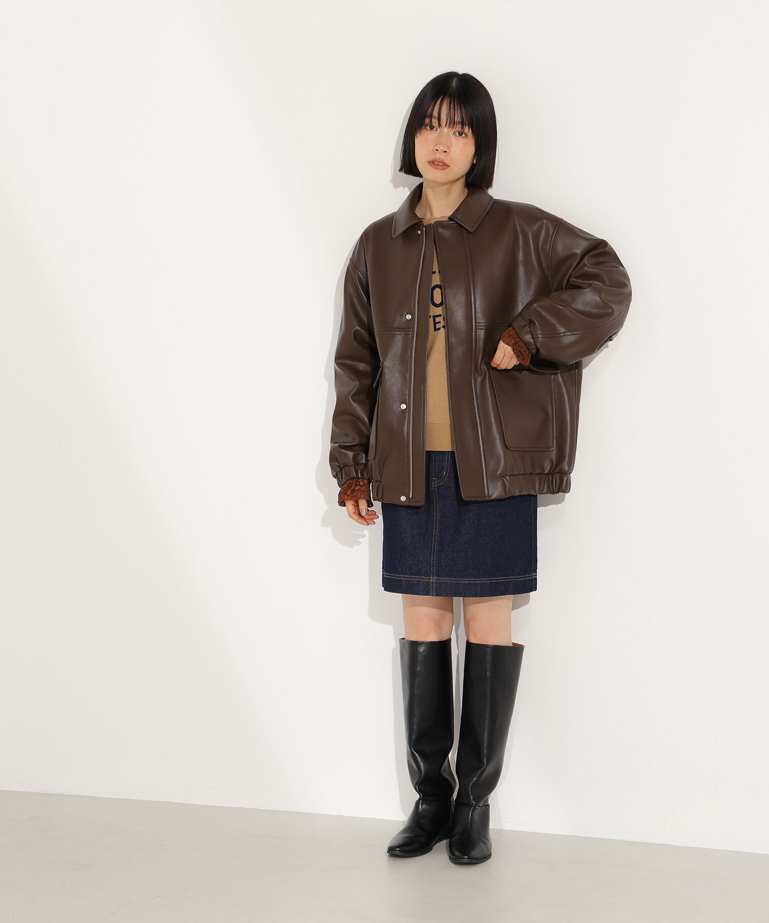  「フェイクレザーステンカラーブルゾン」|ブルゾン・スタジャン|