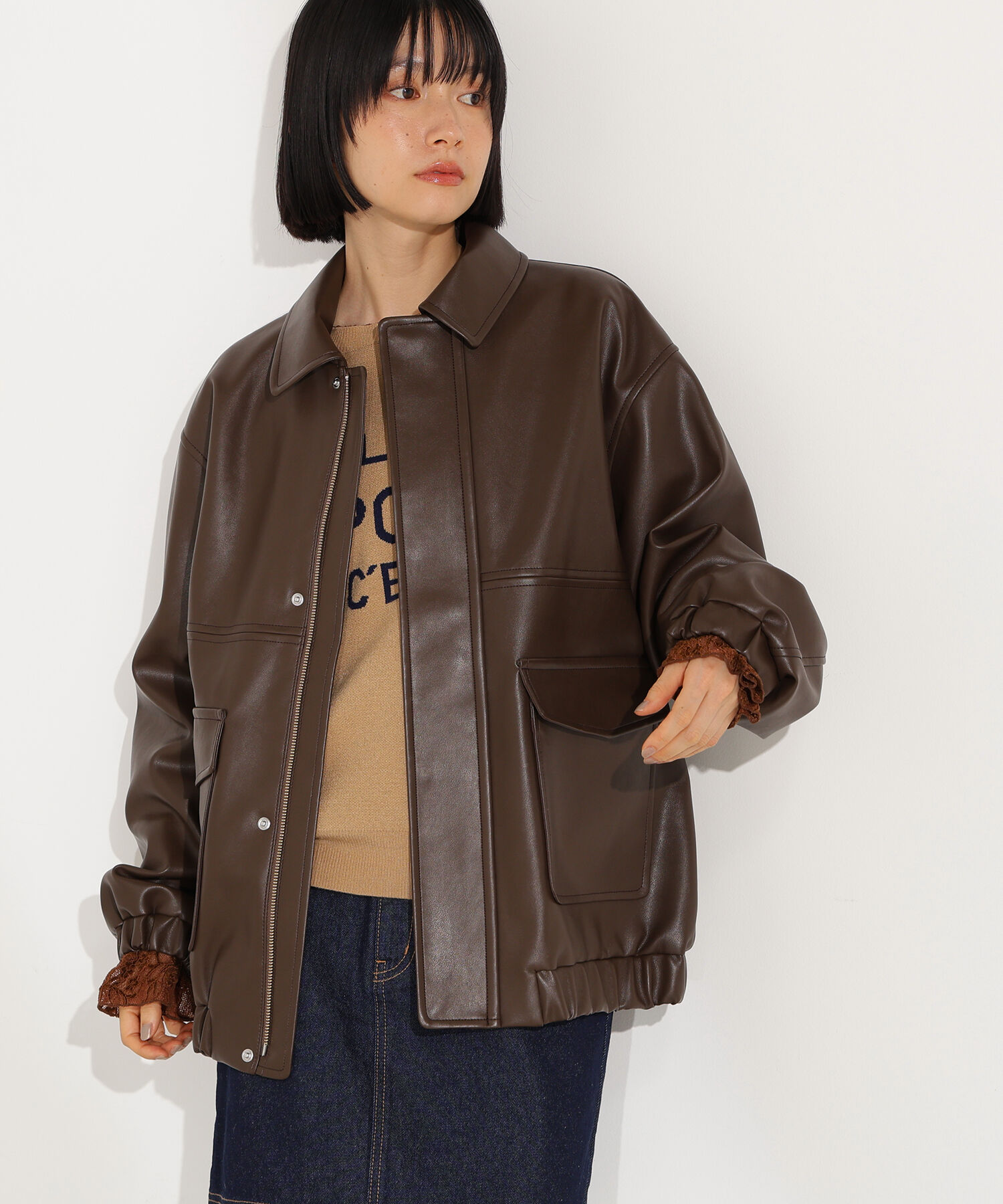  「フェイクレザーステンカラーブルゾン」|ブルゾン・スタジャン|