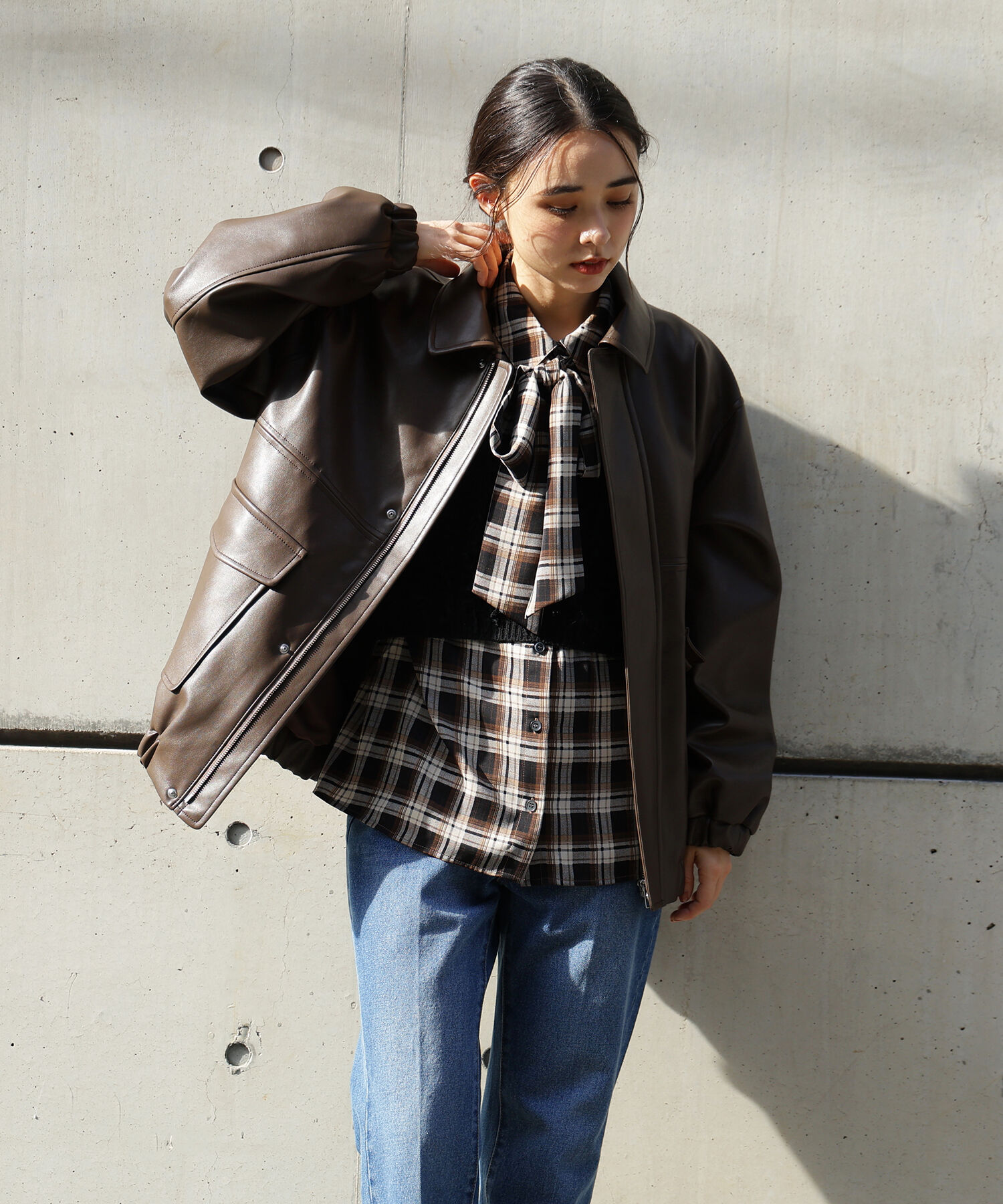  「フェイクレザーステンカラーブルゾン」|ブルゾン・スタジャン|