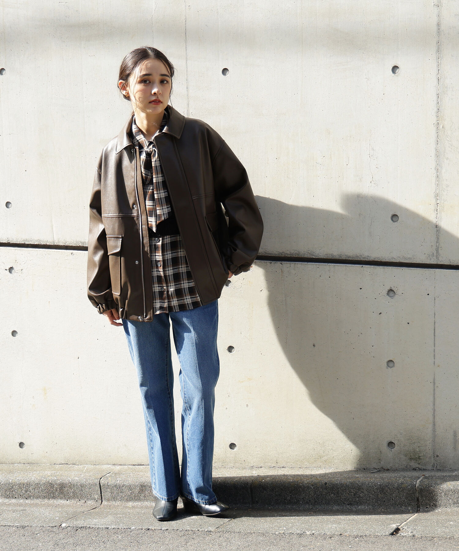  「フェイクレザーステンカラーブルゾン」|ブルゾン・スタジャン|