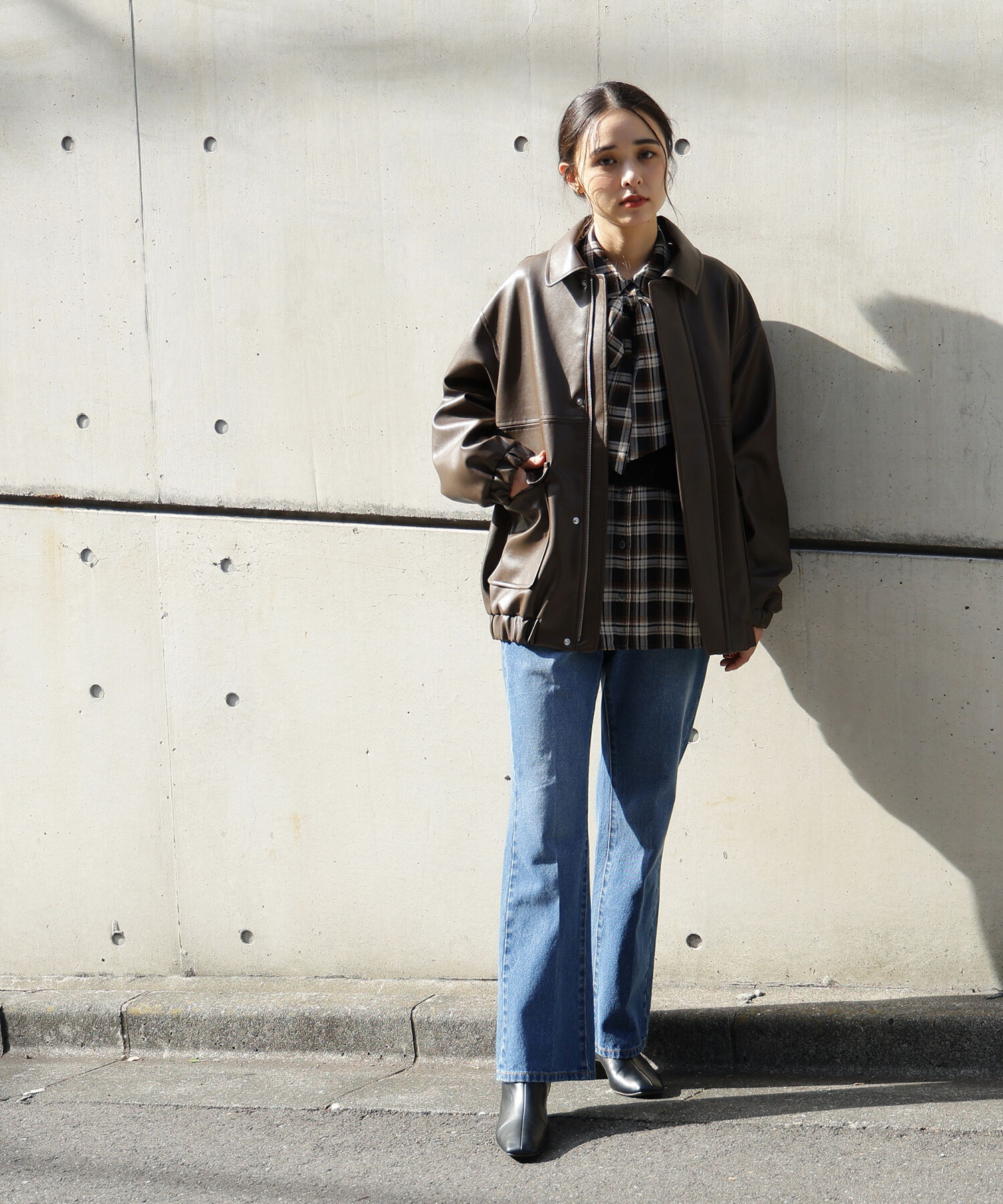  「フェイクレザーステンカラーブルゾン」|ブルゾン・スタジャン|