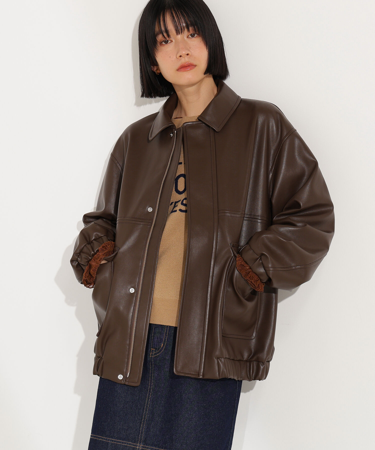  「フェイクレザーステンカラーブルゾン」|ブルゾン・スタジャン|