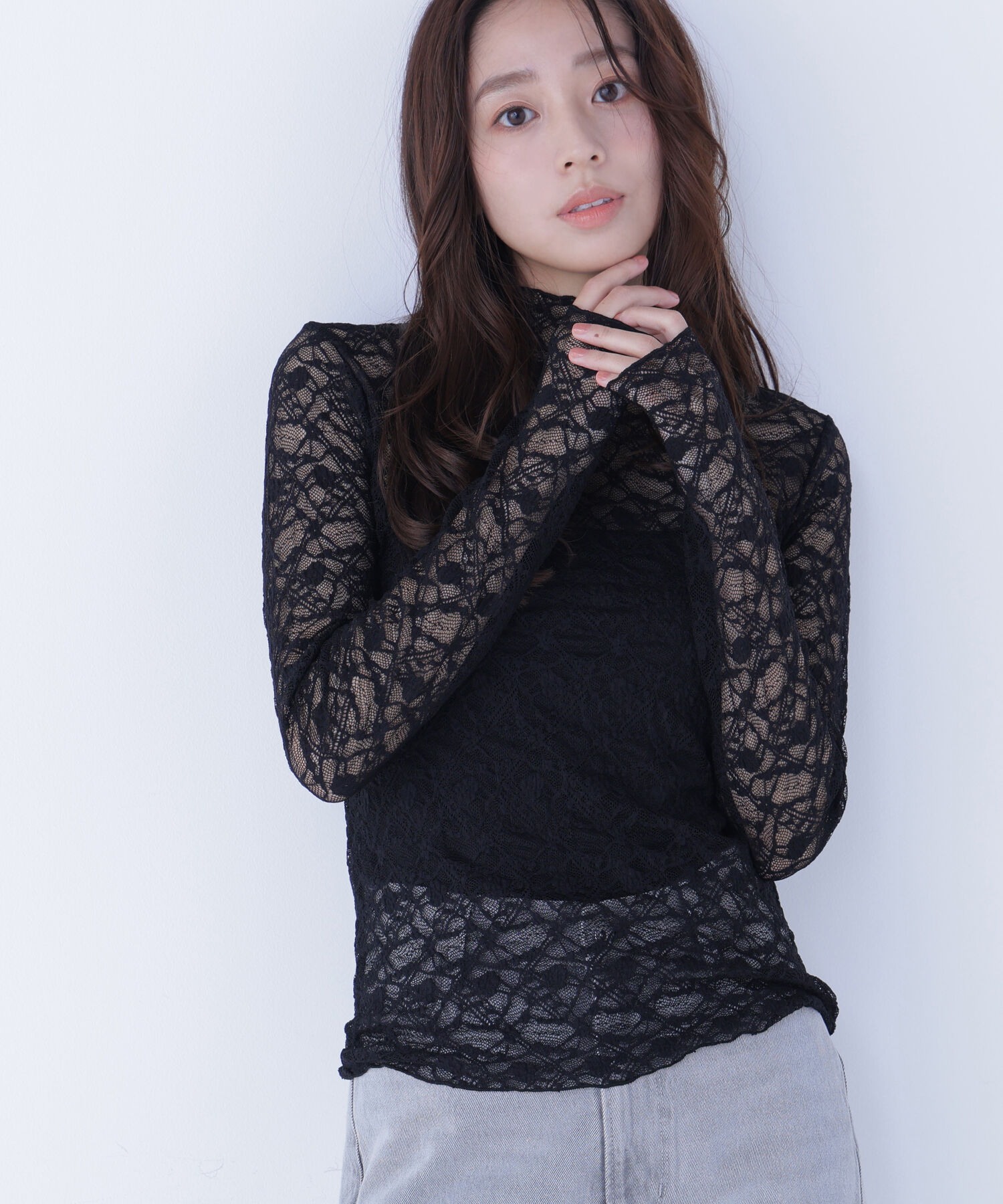  「レースハイネックカットソー」|Tシャツ・カットソー|ブラック