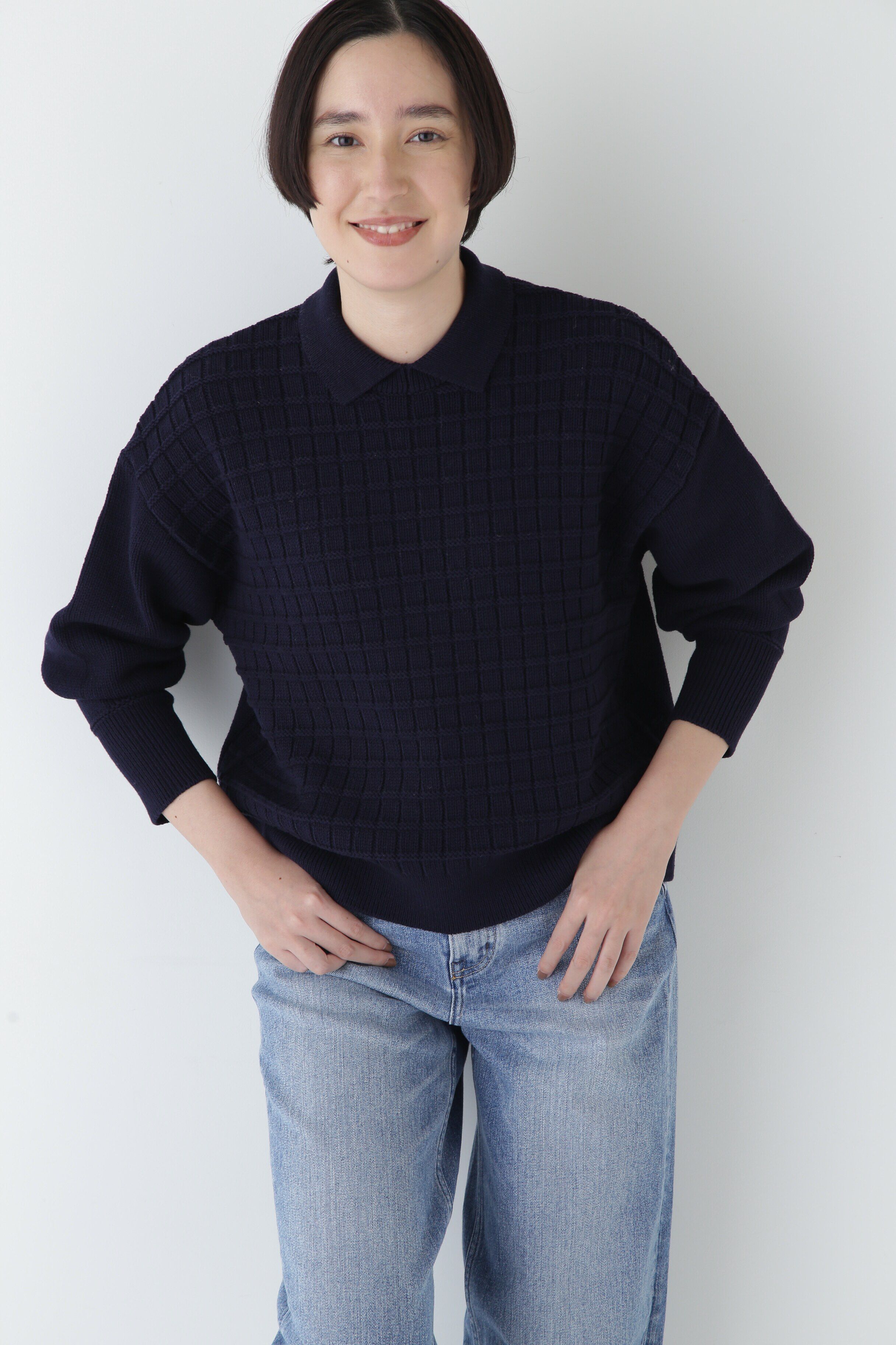  「◆【ウォッシャブル】バルキーコットン混リンクス柄ポロプルオーバー」|ニット・セーター|