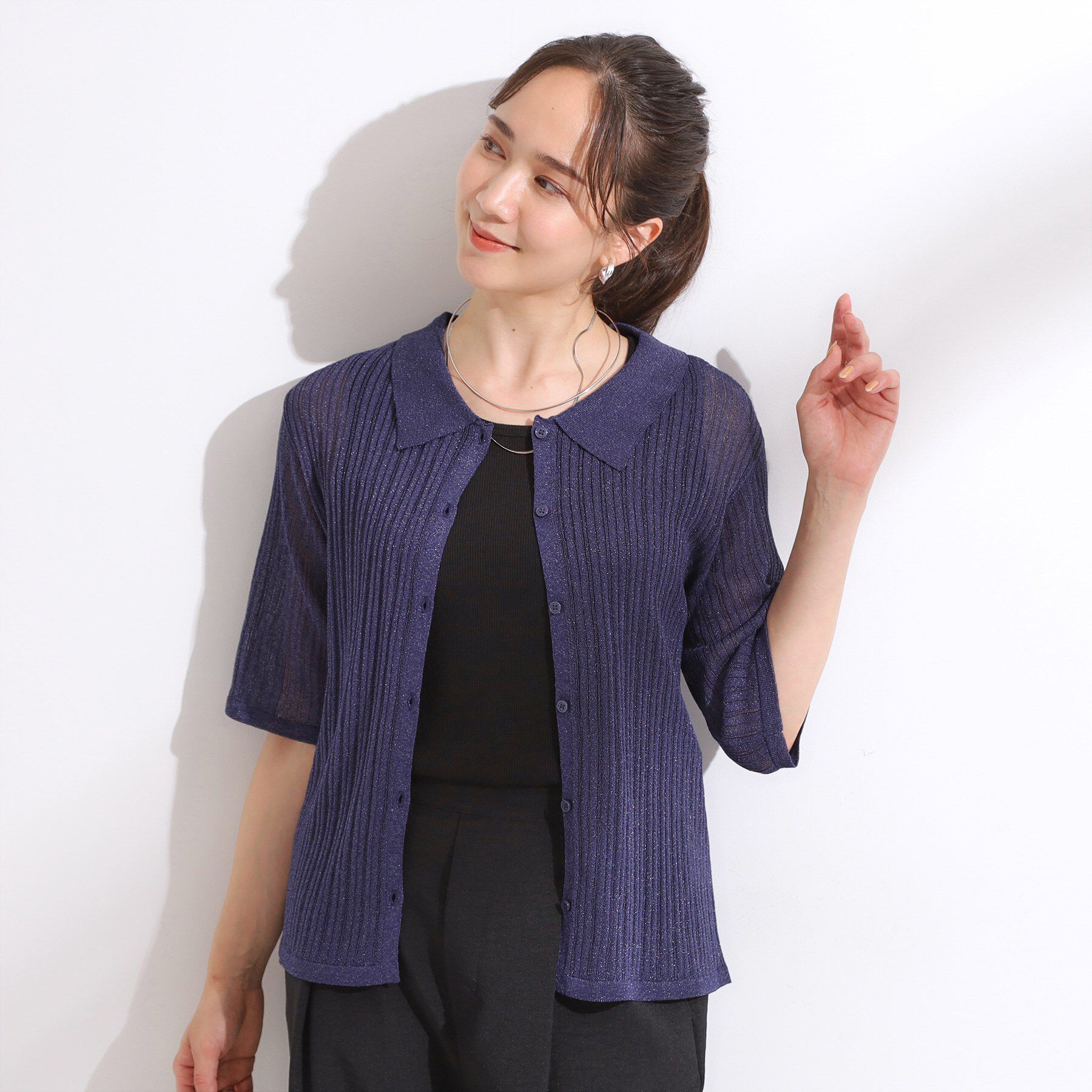 SHOO･LA･RUE「【洗える/S-LL】大人のシアー感 キラキラ リブニット」|ニット・セーター|