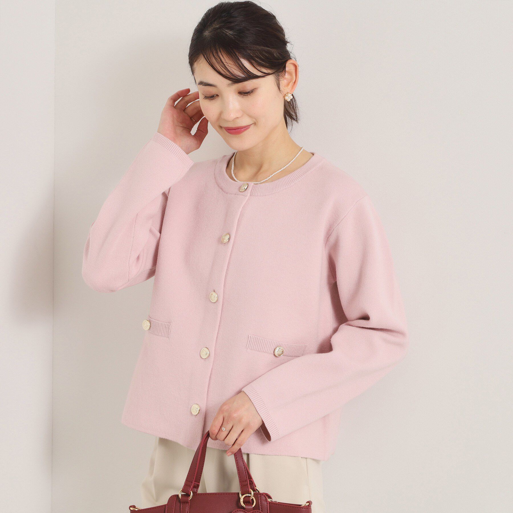 ITS&rsquo;DEMO「【花粉防止／手洗い可】ニットジャケット」|ノーカラージャケット|ライトピンク(070