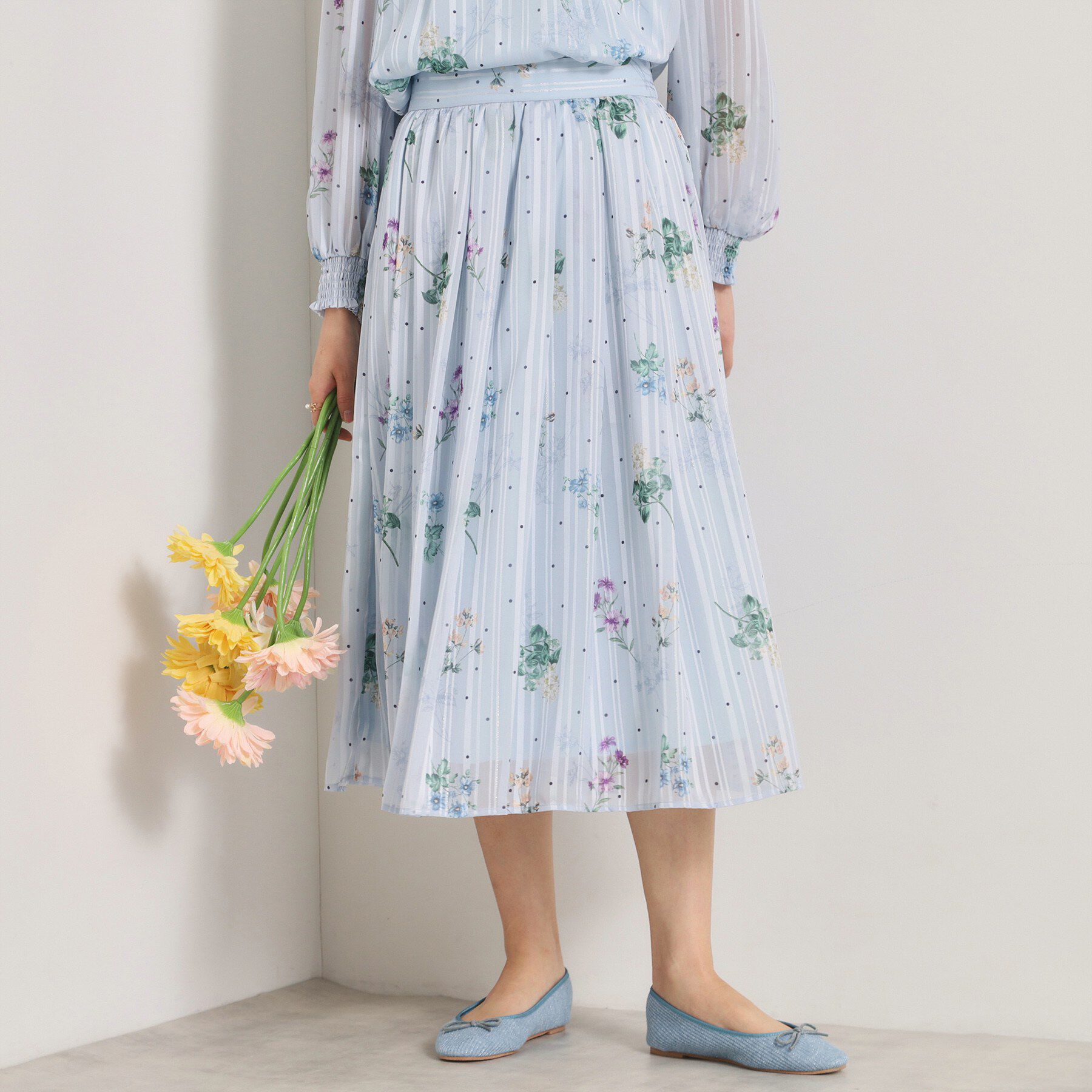 ITS&rsquo;DEMO「【手洗い可／セットアップ可】ラメストライプ花柄スカート」|スカート|