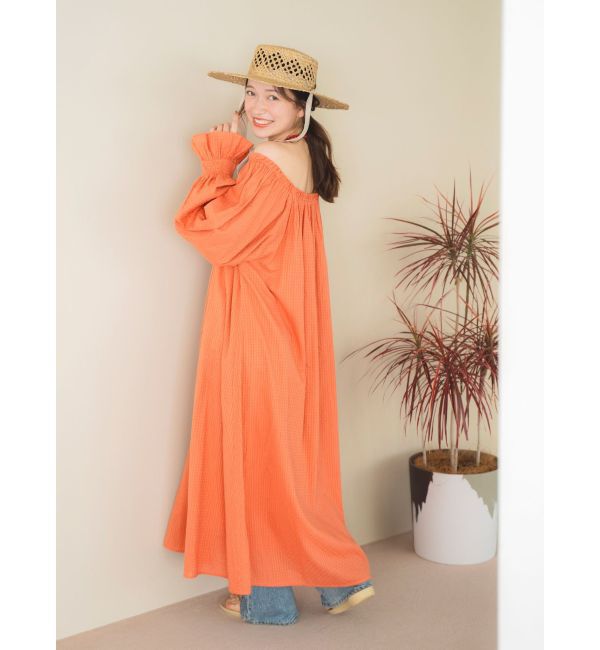 Ungrid「オフショルギャザーボリュームワンピース」|ワンピース|オレンジ