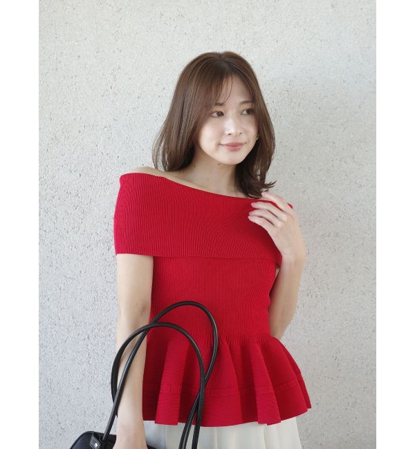 LAGUNAMOON「ペプラムオフショルニットプルオーバー」|ニット・セーター|レッド
