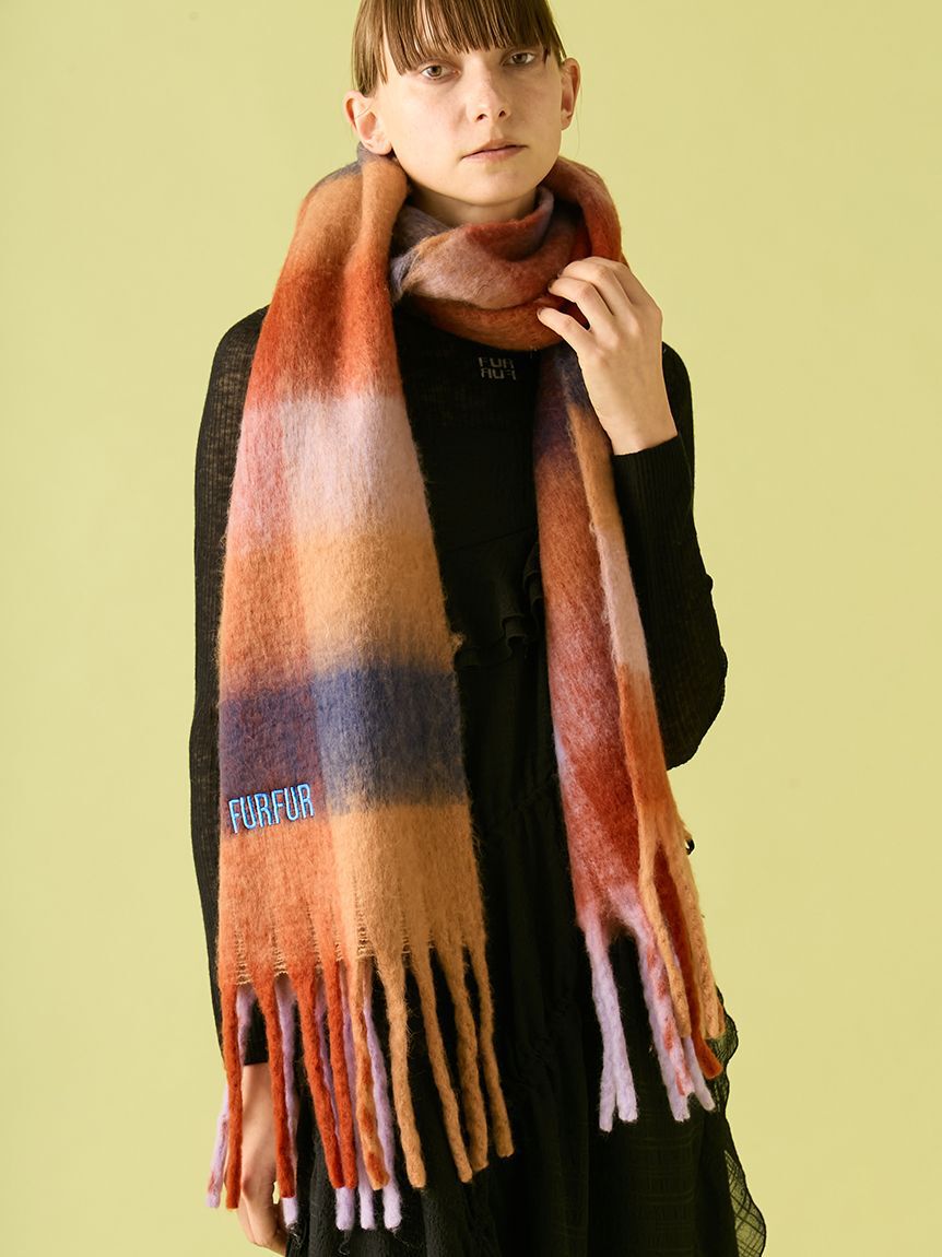 FURFUR「ロゴ刺繍ブロックチェックフリンジストール」|マフラー|