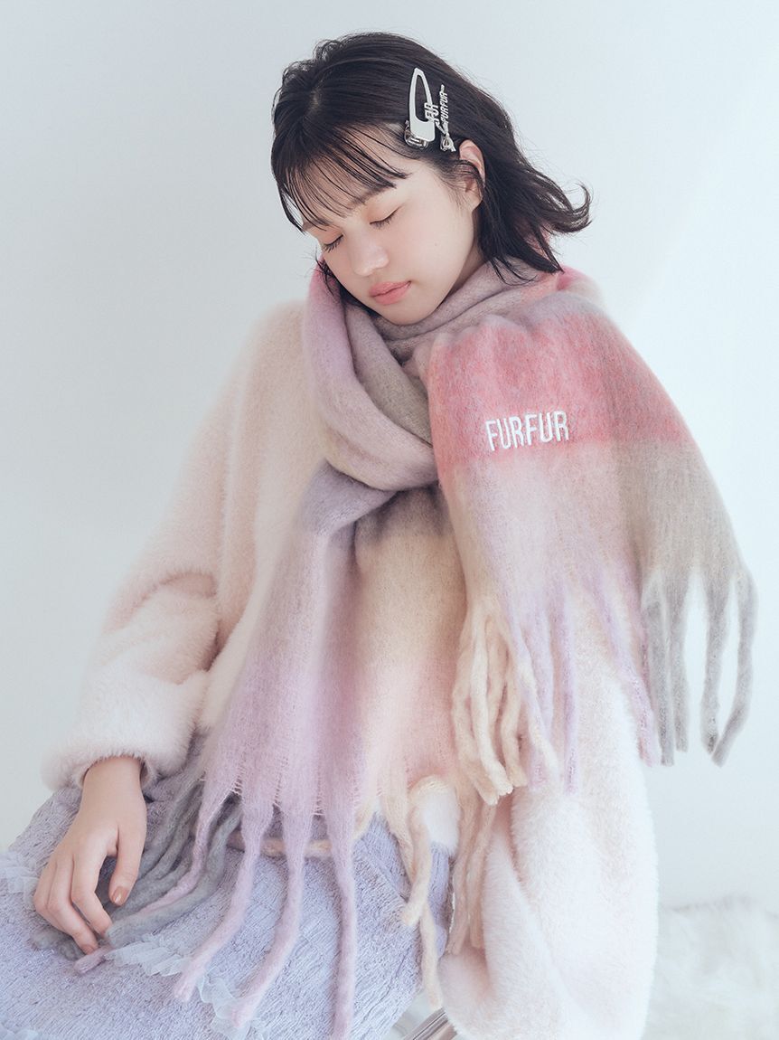 FURFUR「ロゴ刺繍ブロックチェックフリンジストール」|マフラー|