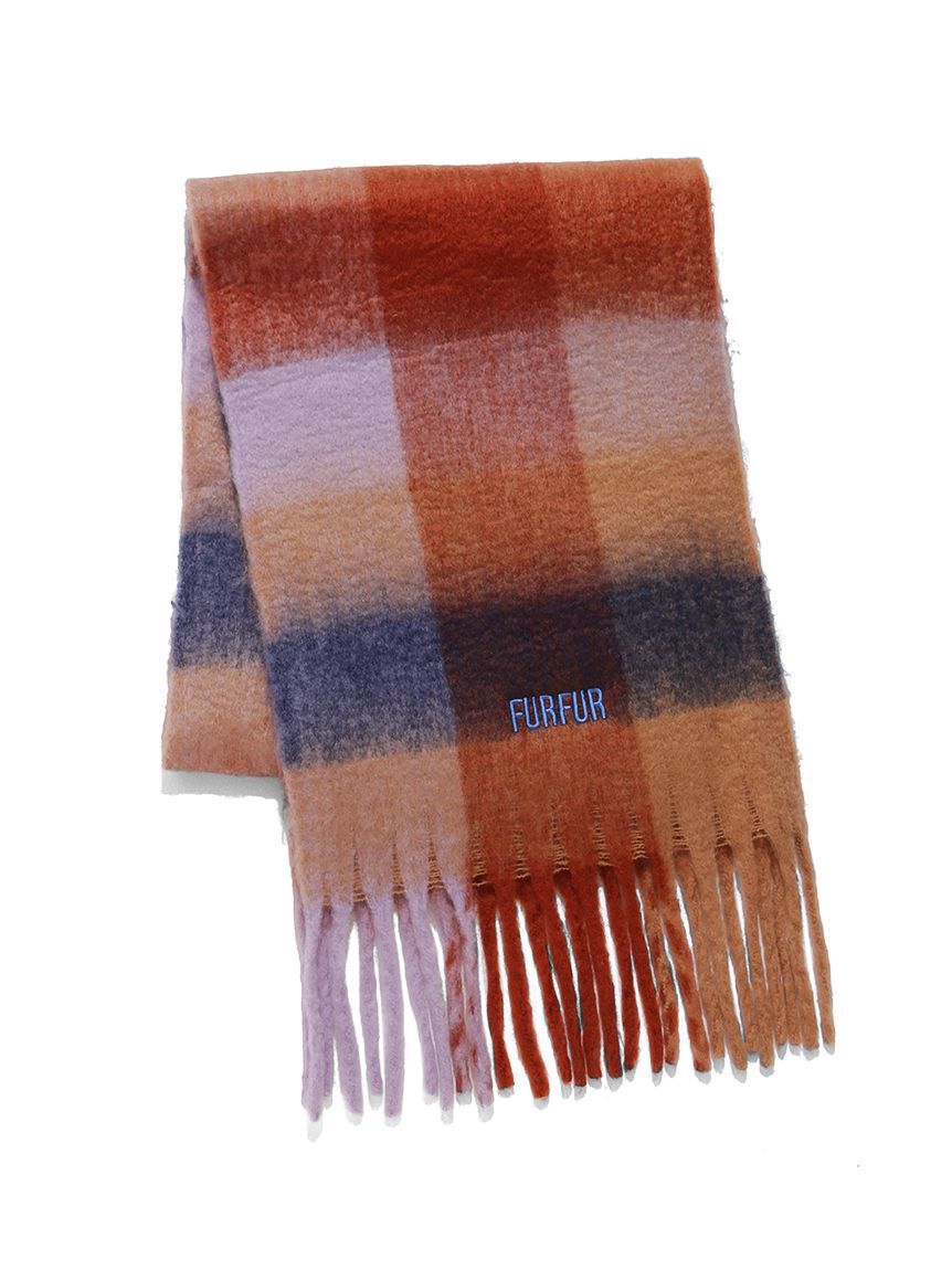 FURFUR「ロゴ刺繍ブロックチェックフリンジストール」|マフラー|