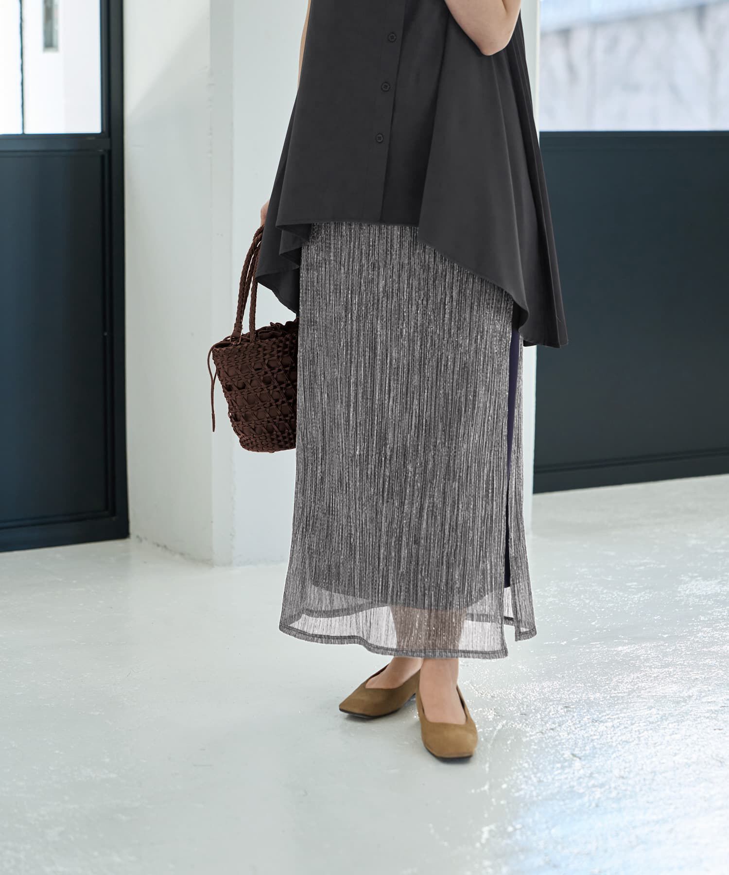 STYLE DELI「【LUXE】キラキラシアーとリブ生地のスカートセット」|スカート|チャコール