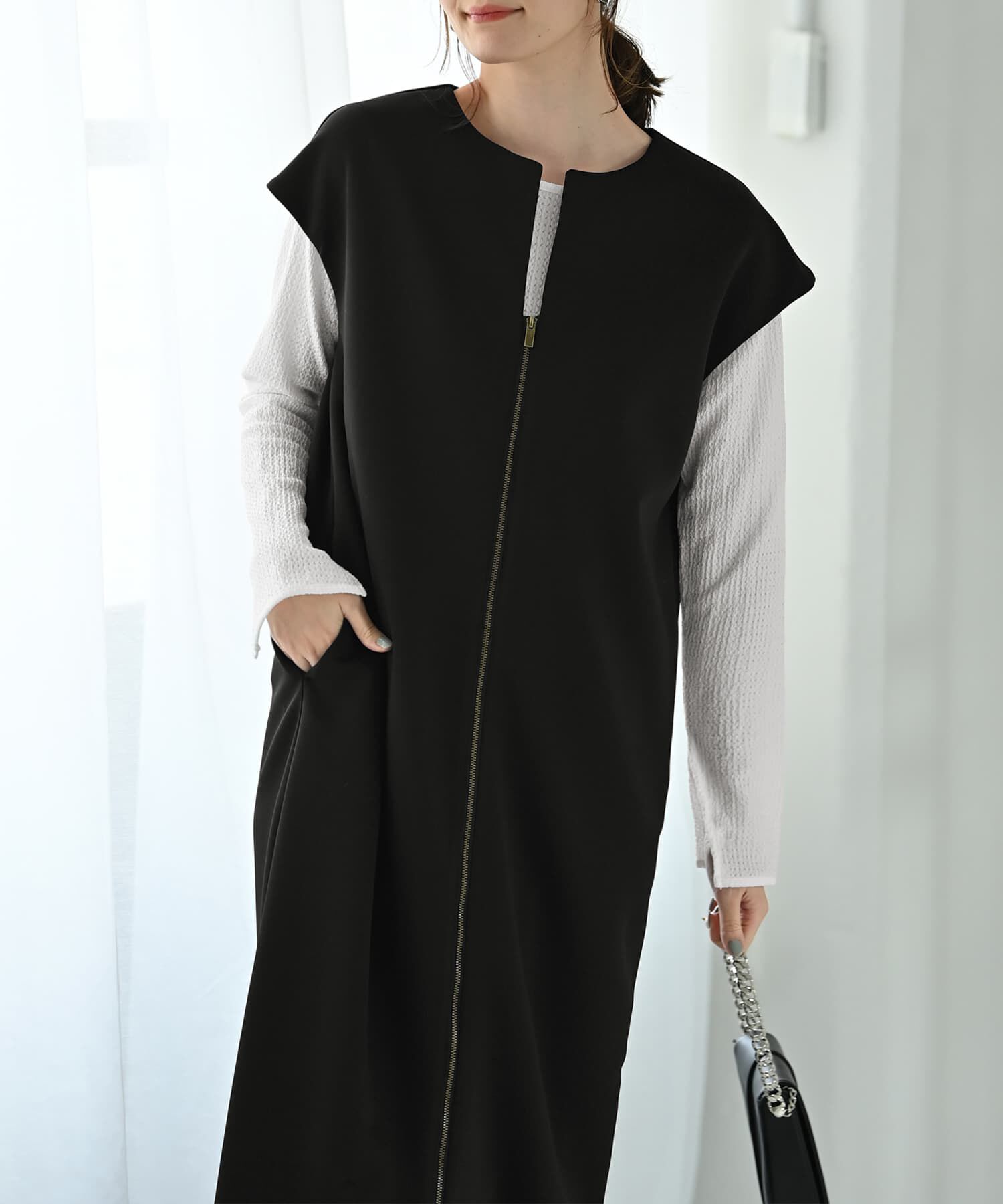 STYLE DELI「【Kana Oyama&times;BLK001】ジップジレワンピース／DELI size」|ワンピース|ブラック