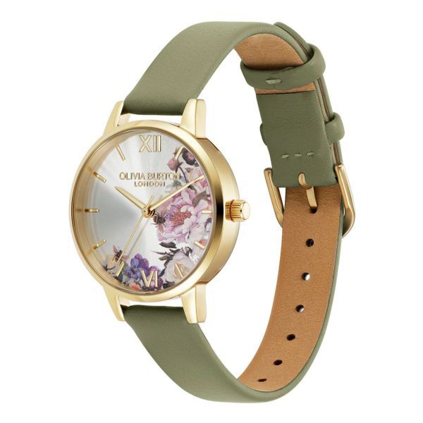 OLIVIA BURTON 「〈OLIVIA BURTON(ｵﾘﾋﾞｱﾊﾞｰﾄﾝ)〉ｼｸﾞﾈﾁｬｰ 30mm ｲﾗｽﾄﾚｲﾃｯﾄﾞ ﾌﾛｰﾗﾙｺﾞｰﾙﾄﾞ＆ｾｰｼﾞｸﾞﾘｰﾝﾚｻﾞｰｽﾄﾗｯﾌﾟ」|腕時計|