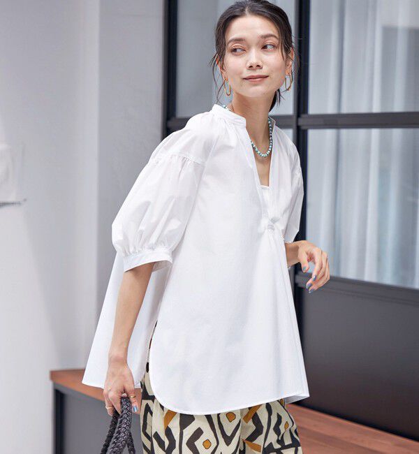 SHIPS for women「〈接触冷感 / 撥水加工〉TEX BRID(R)タフタ スキッパー 5分袖 ブラウス」|シャツ・ブラウス|オフホワイト