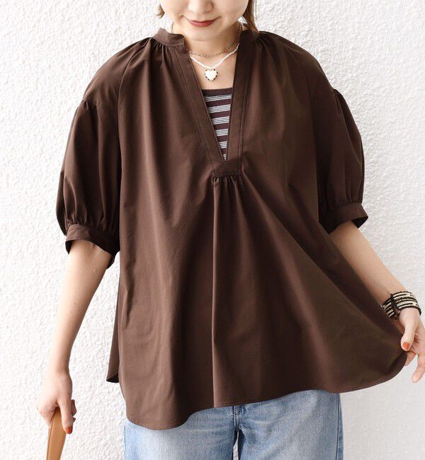 SHIPS for women「〈接触冷感 / 撥水加工〉TEX BRID(R)タフタ スキッパー 5分袖 ブラウス」|シャツ・ブラウス|