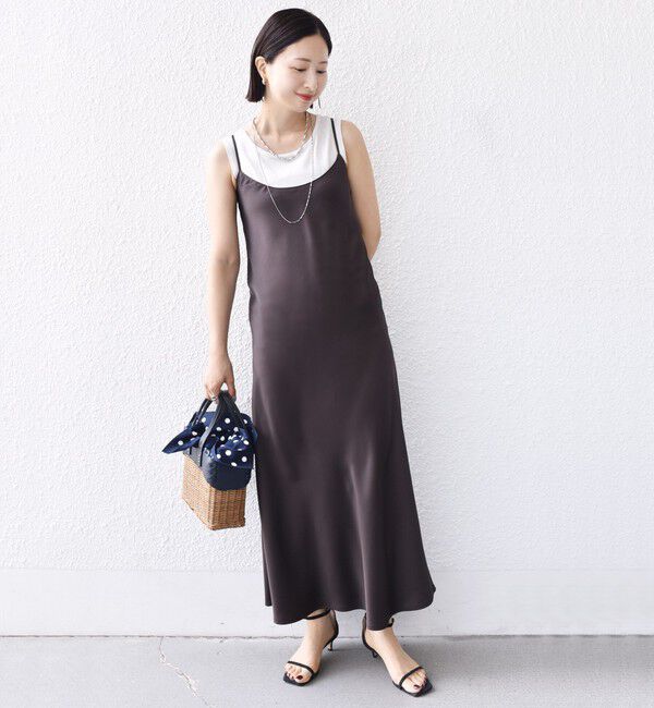 SHIPS for women「〈手洗い可能〉バック デザイン サテン キャミ ワンピース」|ワンピース|