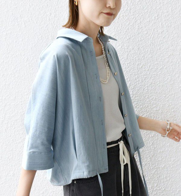 SHIPS for women「《追加予約》【WEB限定】〈手洗い可能〉デニム ライク タック 裾 ドロスト 羽織 シャツ」|シャツ・ブラウス|