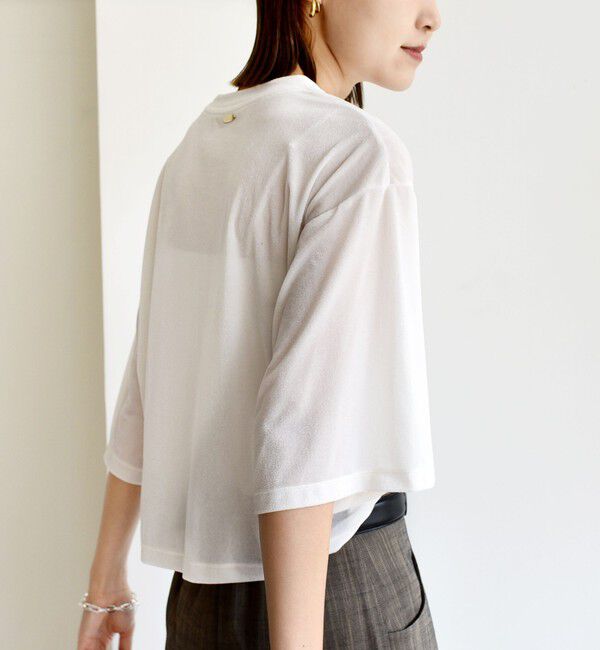 SHIPS for women「〈手洗い可能〉シアー トリコット ポリエステル ベロア 五分袖 ワイド TEE」|Tシャツ・カットソー|