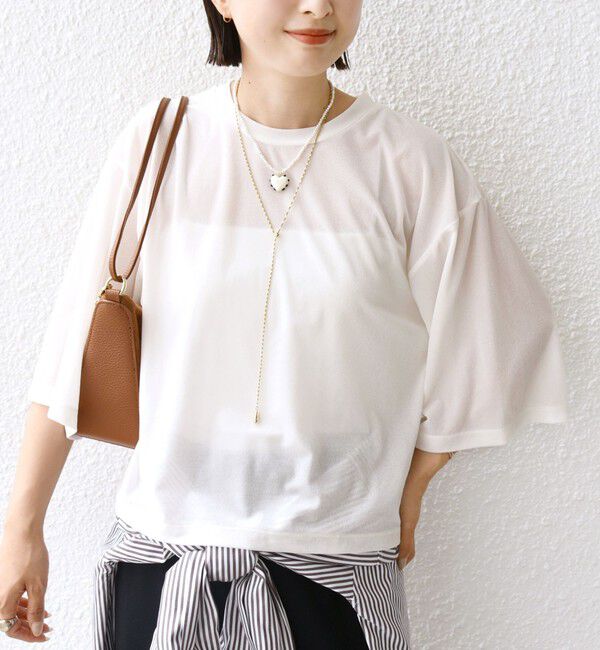 SHIPS for women「〈手洗い可能〉シアー トリコット ポリエステル ベロア 五分袖 ワイド TEE」|Tシャツ・カットソー|