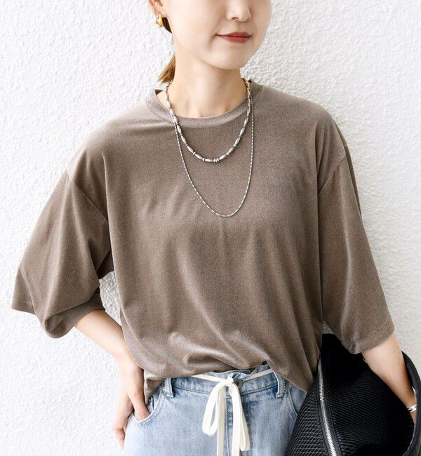 SHIPS for women「〈手洗い可能〉シアー トリコット ポリエステル ベロア 五分袖 ワイド TEE」|Tシャツ・カットソー|