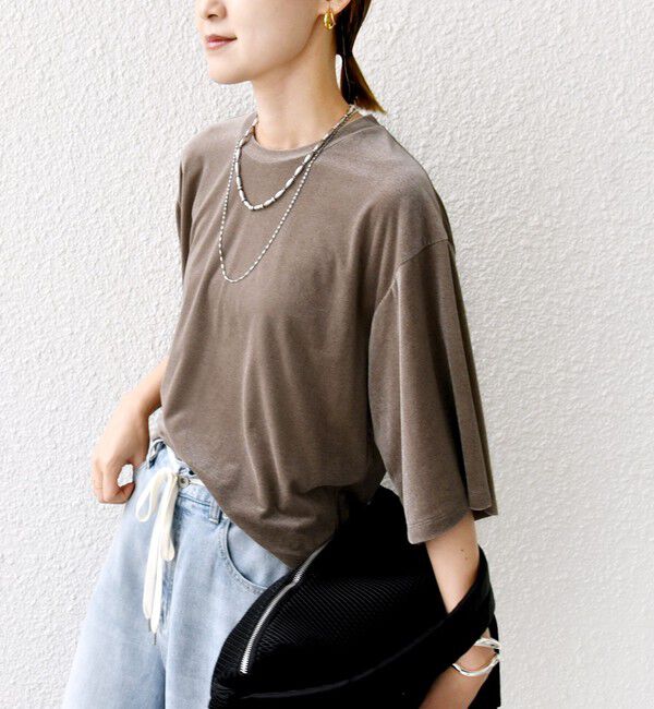 SHIPS for women「〈手洗い可能〉シアー トリコット ポリエステル ベロア 五分袖 ワイド TEE」|Tシャツ・カットソー|