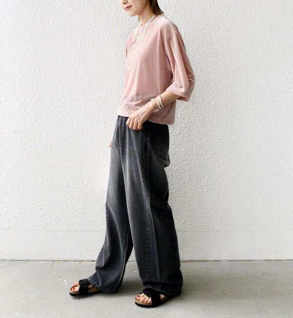 SHIPS for women「〈手洗い可能〉シアー トリコット ポリエステル ベロア 五分袖 ワイド TEE」|Tシャツ・カットソー|