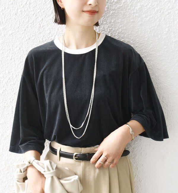 SHIPS for women「〈手洗い可能〉シアー トリコット ポリエステル ベロア 五分袖 ワイド TEE」|Tシャツ・カットソー|ネイビー