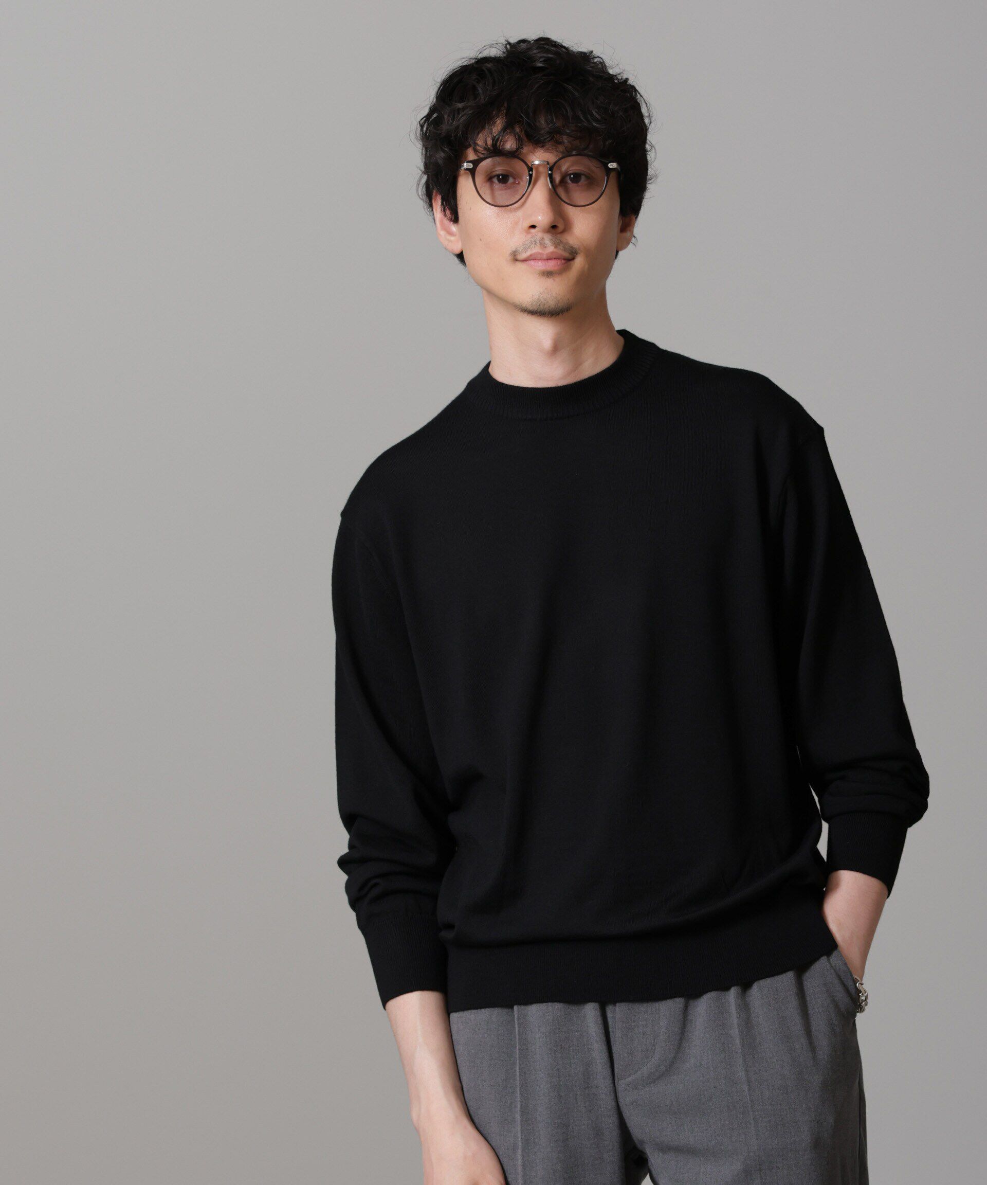 nano･universe「「毛玉レスニット」 ファインゲージクルーネック」|ニット・セーター|ブラック