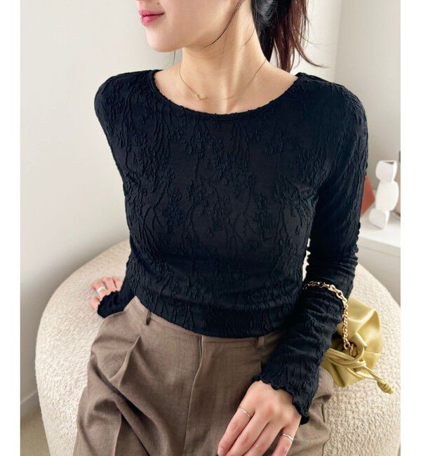 VIS「【洗える】フラワージャガードロングTシャツ」|Tシャツ・カットソー|ブラック(01)